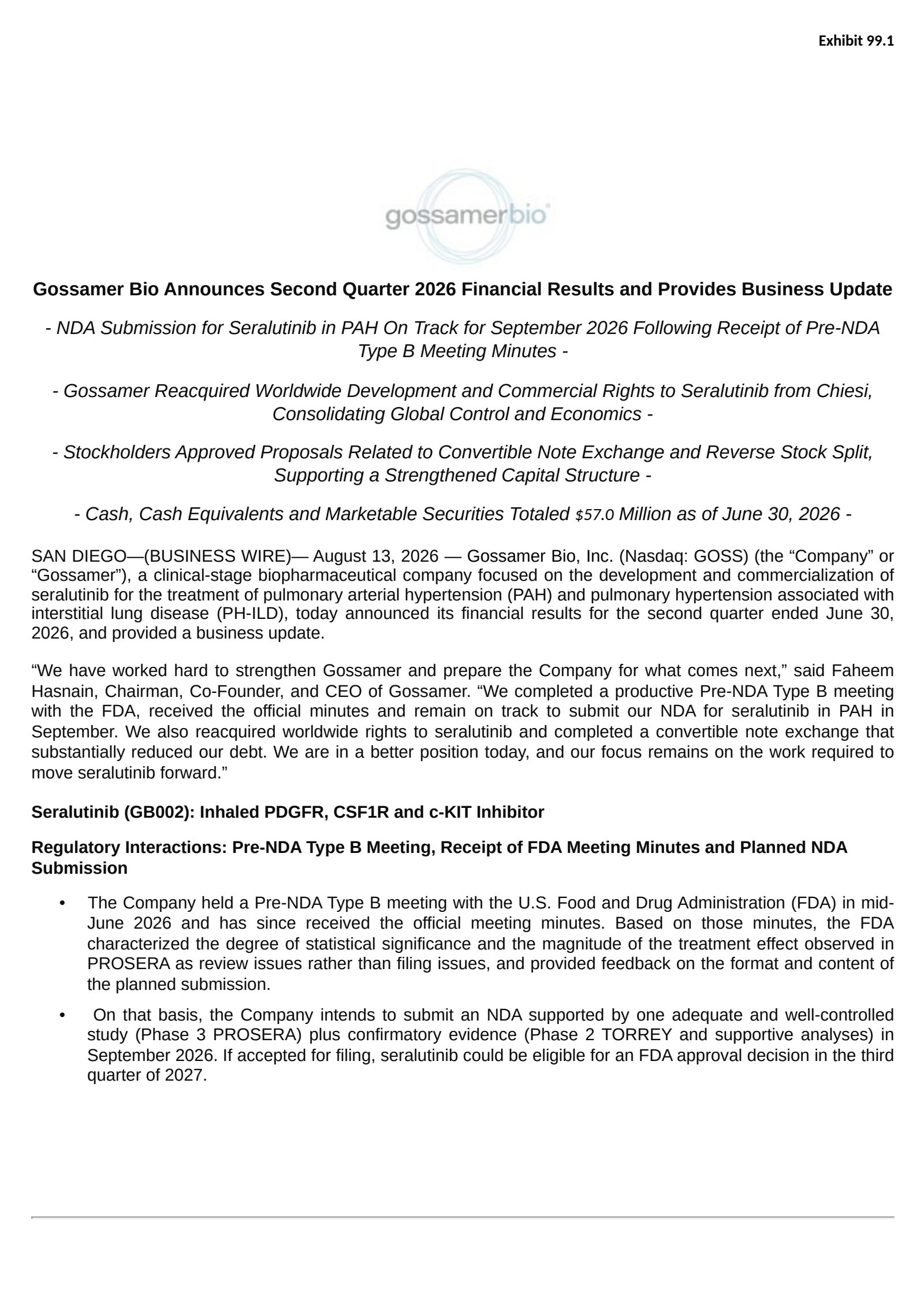 Gossamer Bio's Q2 2026 Press Release