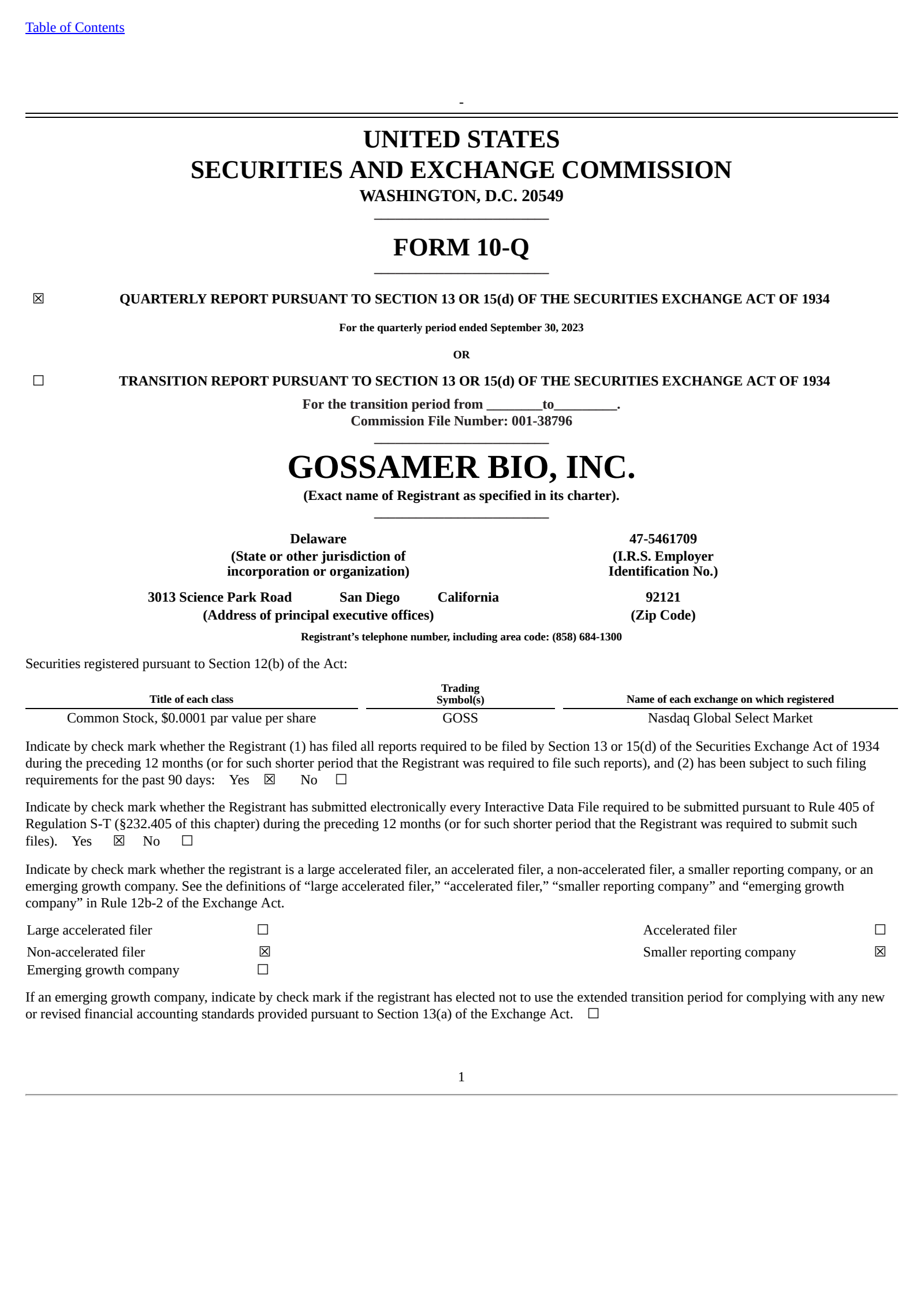 Gossamer Bio's Q3 2023 Quarterly Report