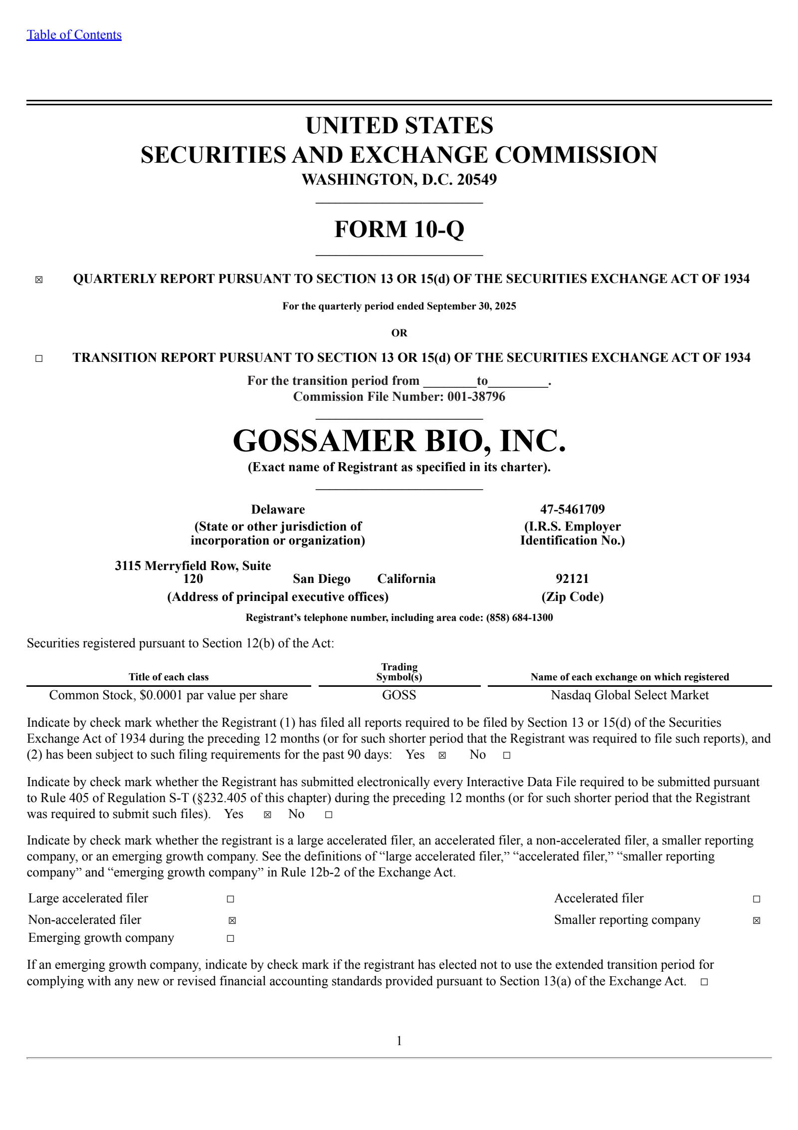 Gossamer Bio's Q3 2025 Quarterly Report