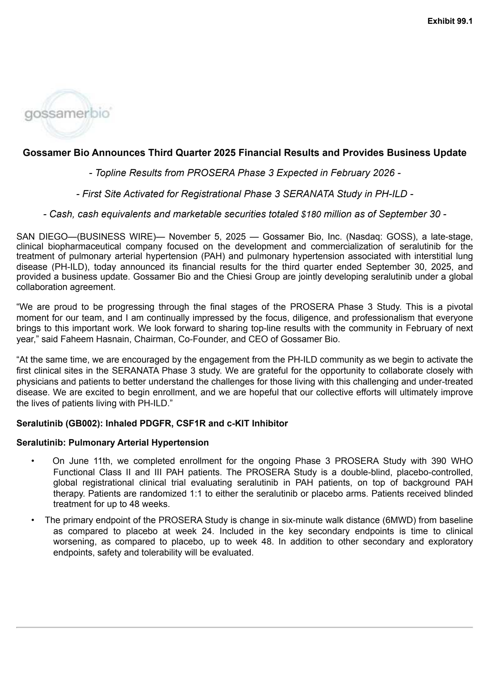 Gossamer Bio's Q3 2025 Earnings Release