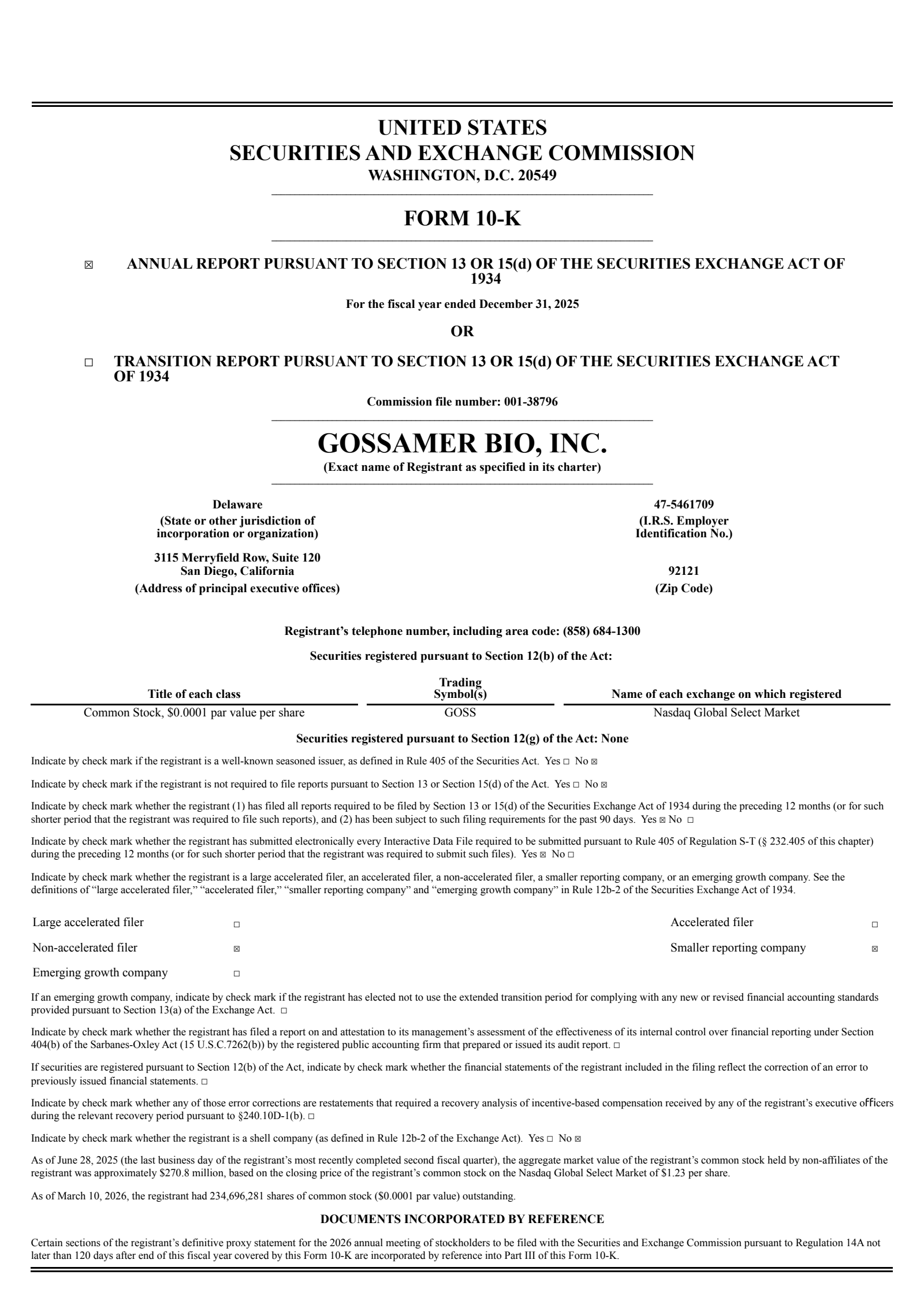 Gossamer Bio's Q4 2025 Annual report