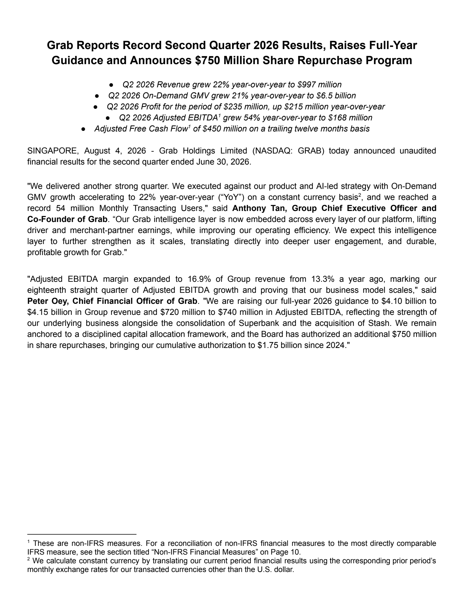 Grab's Q2 2026 Press Release