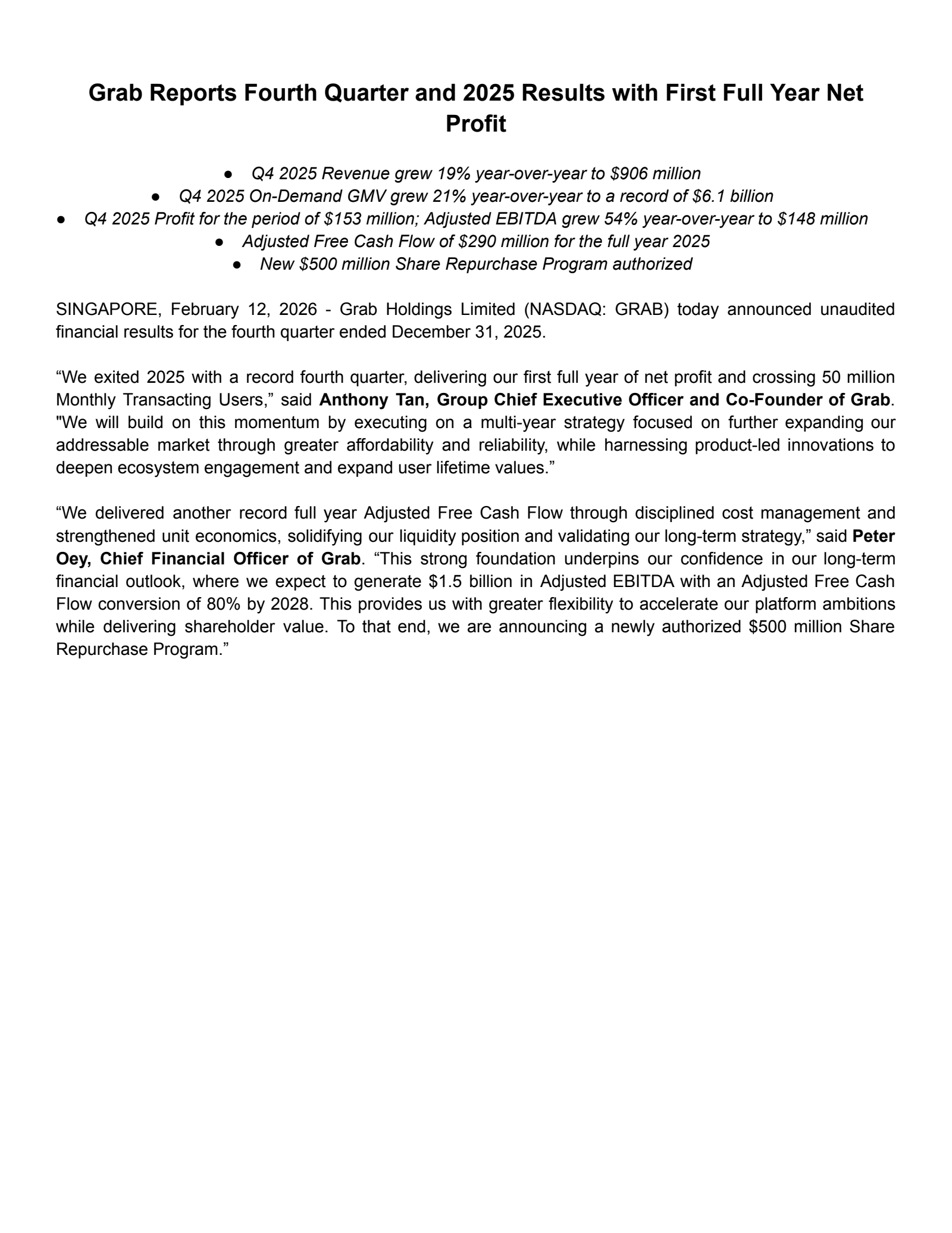 Grab's Q4 2025 Press Release