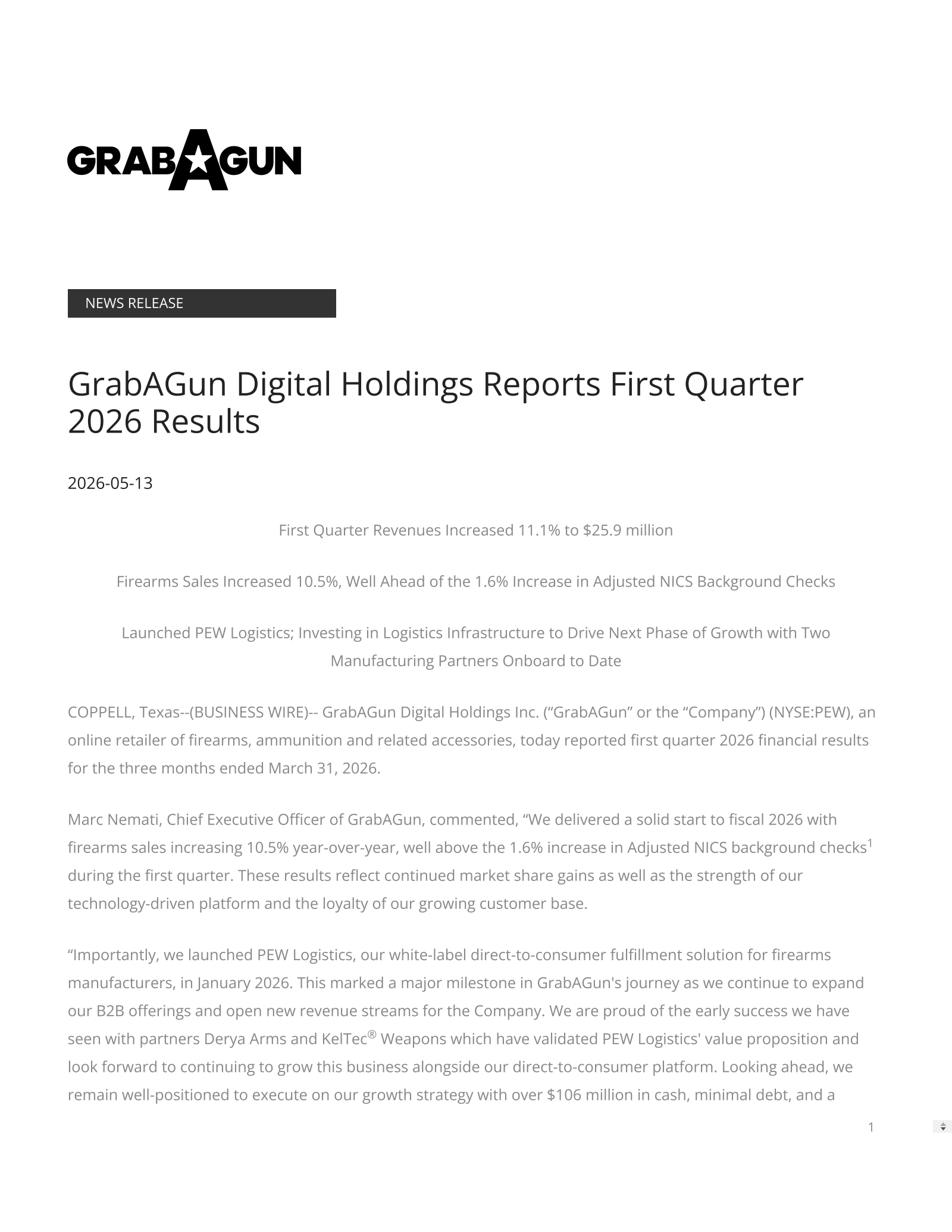 Grabagun Digital's Q1 2026 Press Release
