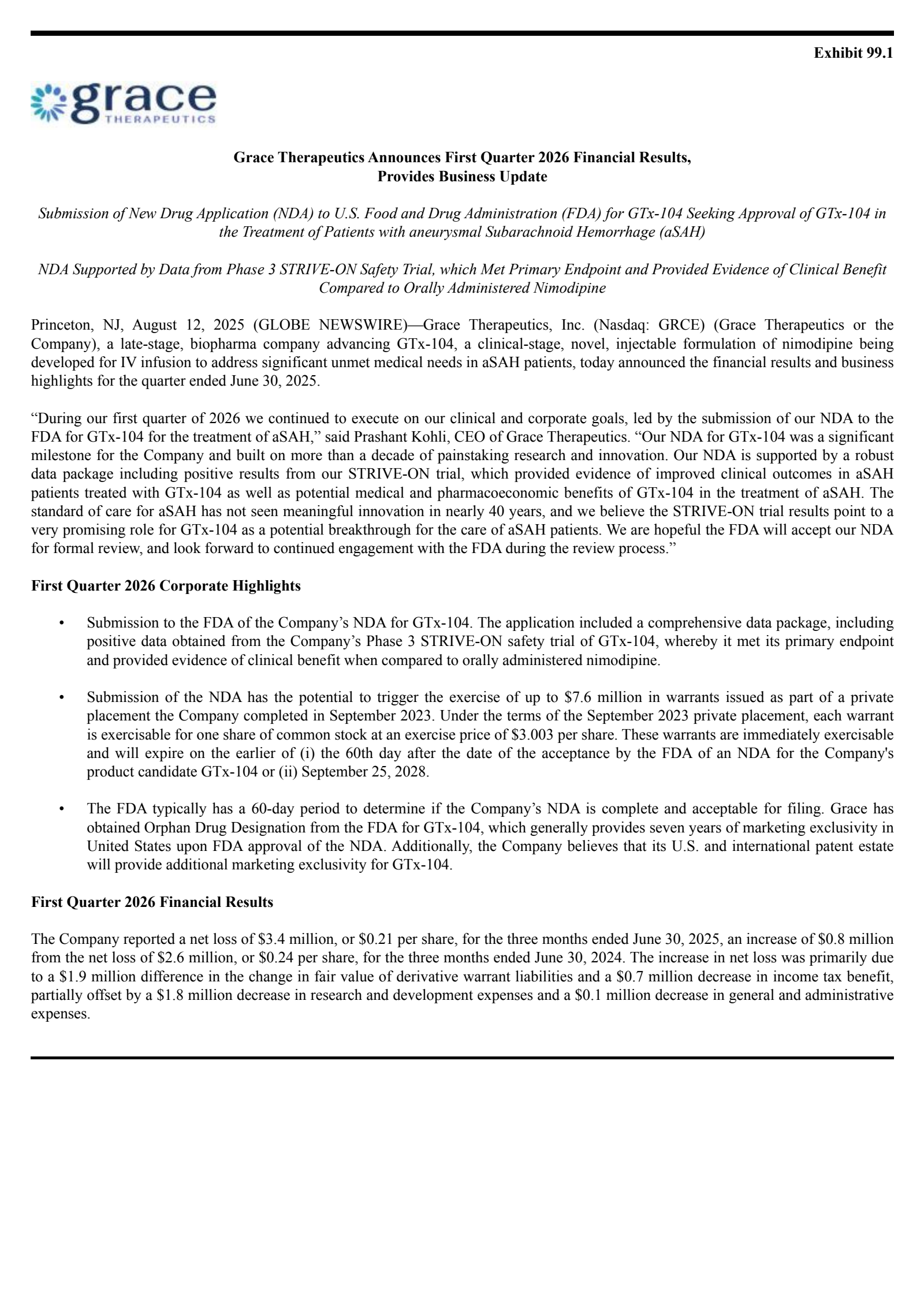 Grace Therapeutics' Q1 2026 Press Release