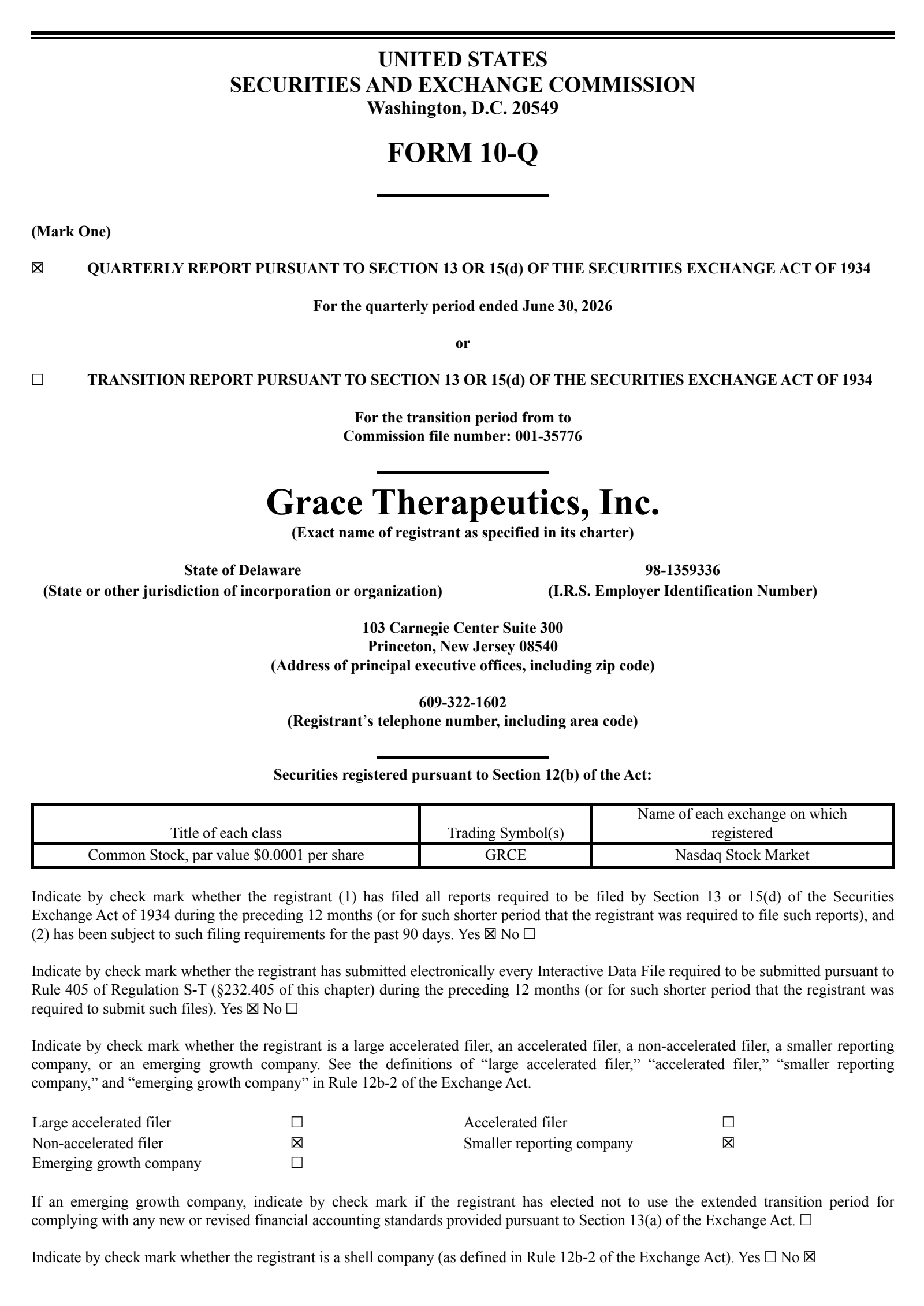 Grace Therapeutics' Q1 2027 Quarterly report