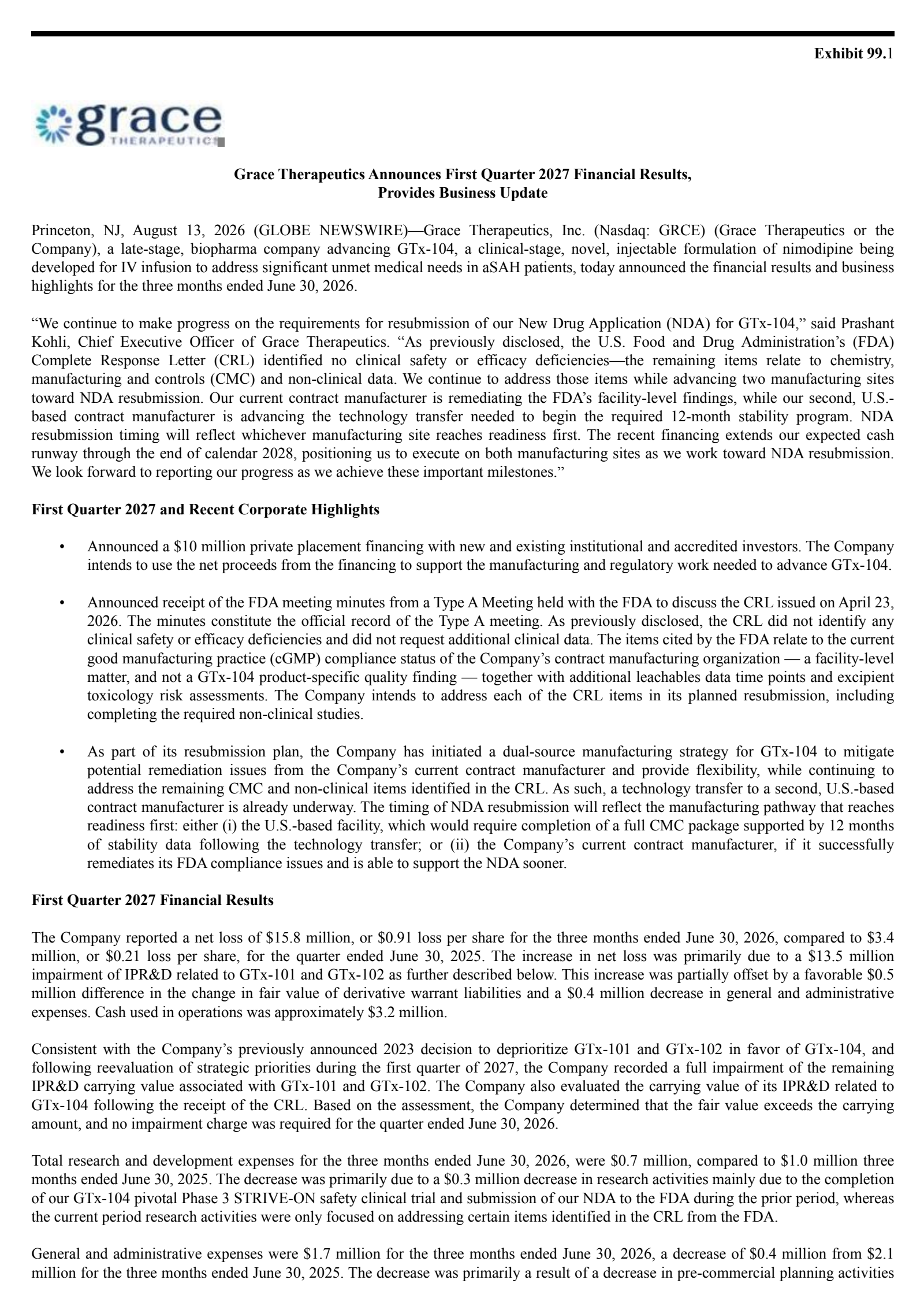 Grace Therapeutics' Q1 2027 Press Release