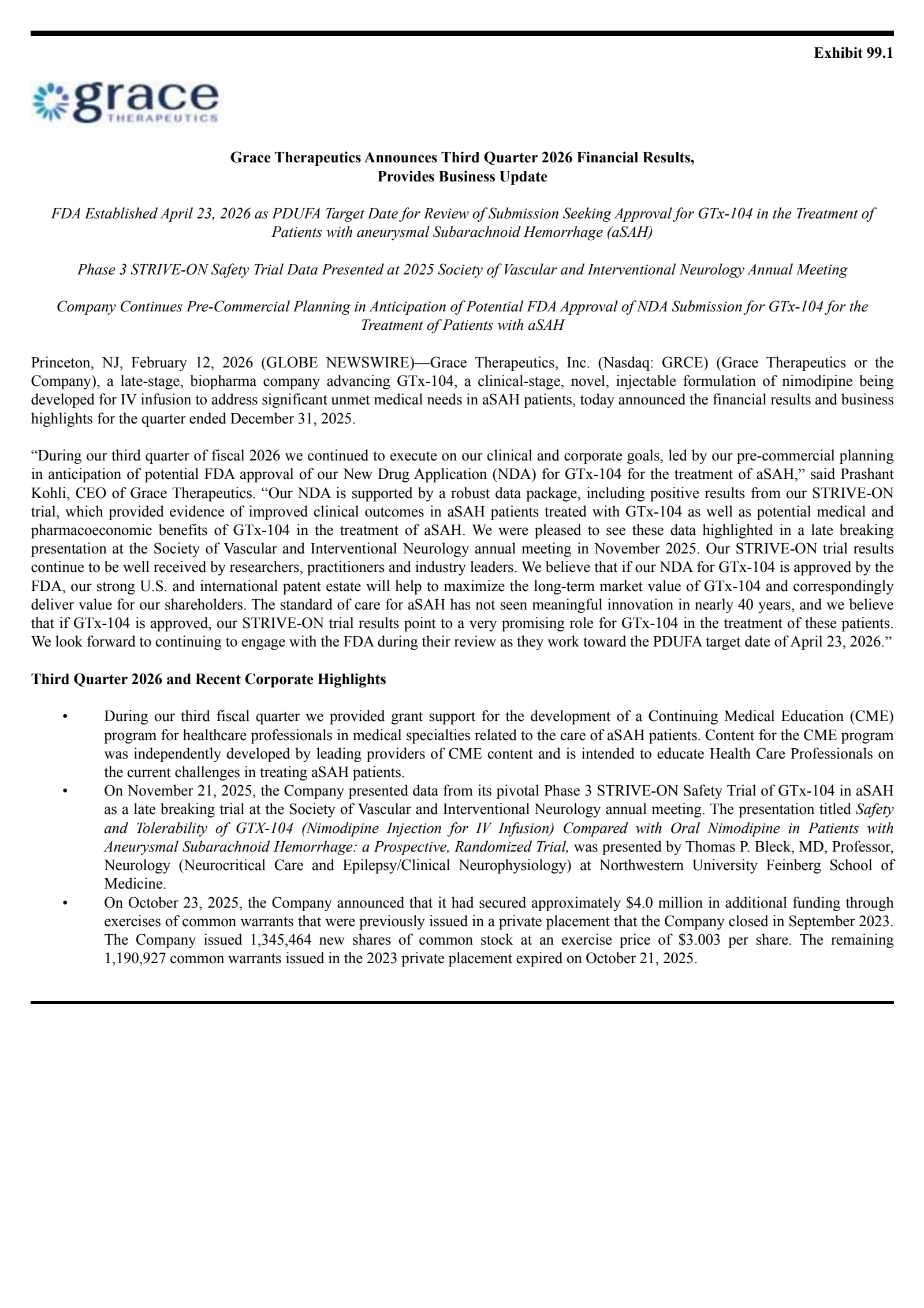 Grace Therapeutics' Q3 2026 Press Release
