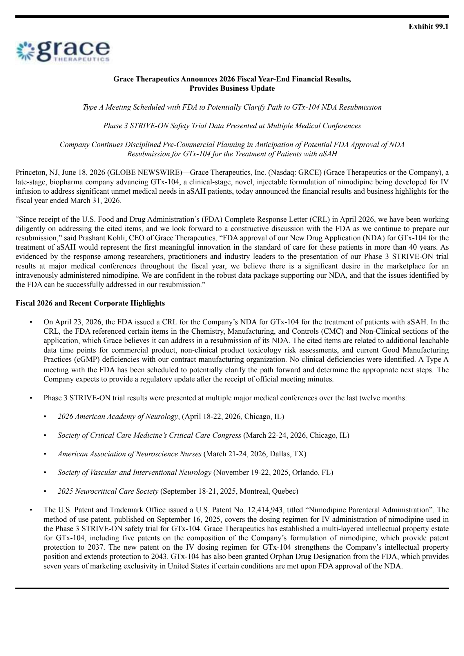 Grace Therapeutics' Q4 2026 Press Release