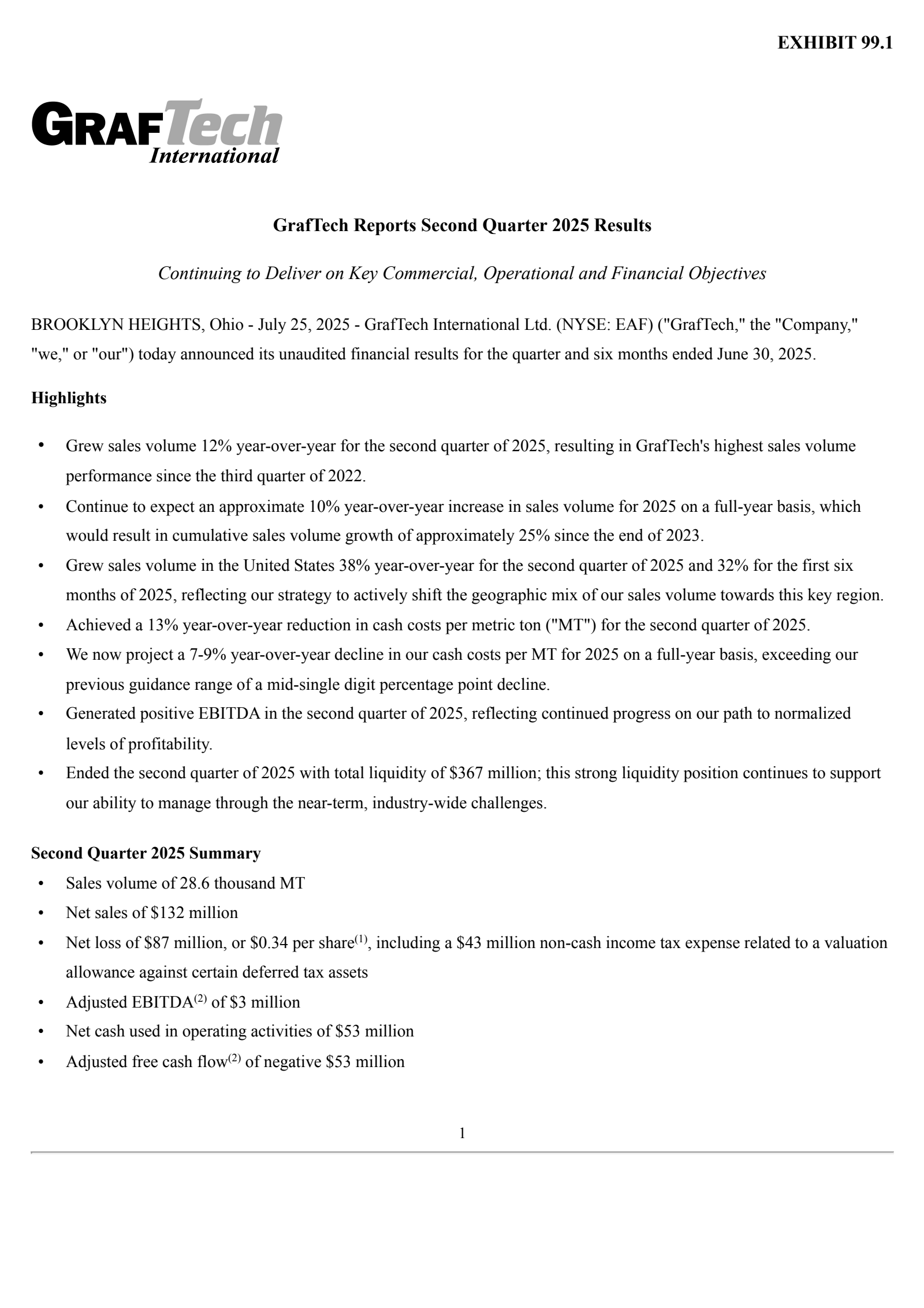 GrafTech International's Q2 2025 Press Release