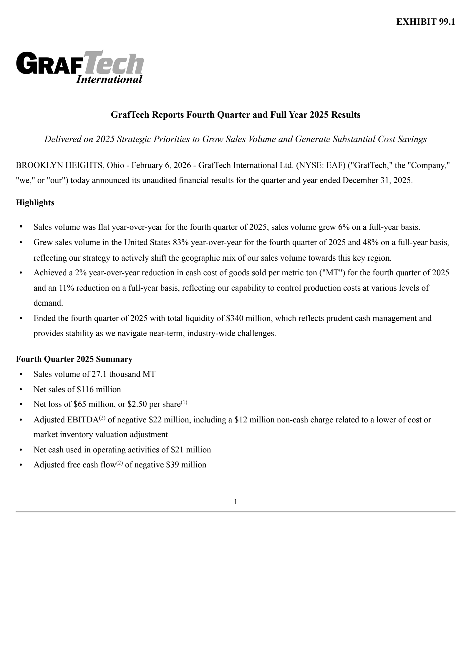 GrafTech International's Q4 2025 Press Release
