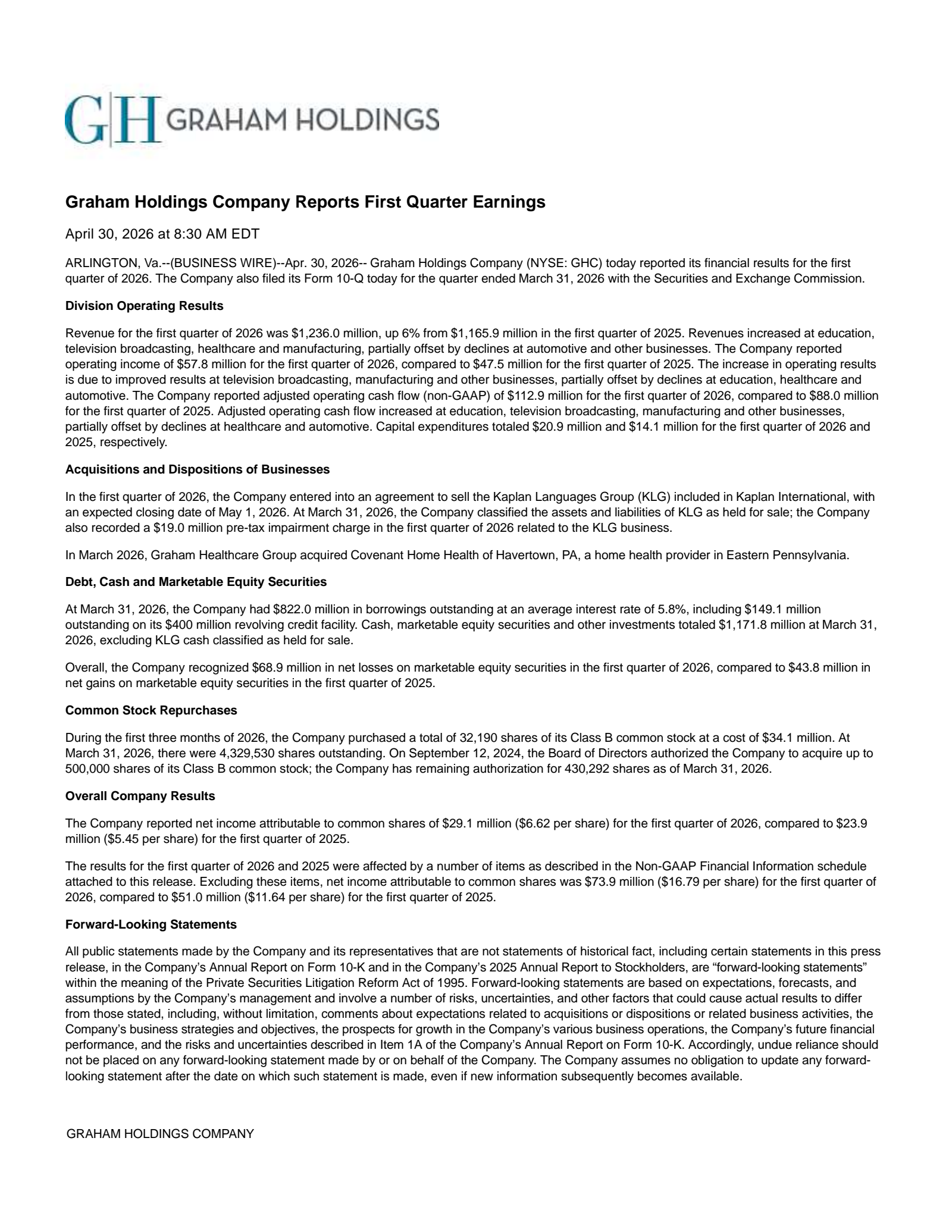 Graham's Q1 2026 Press Release