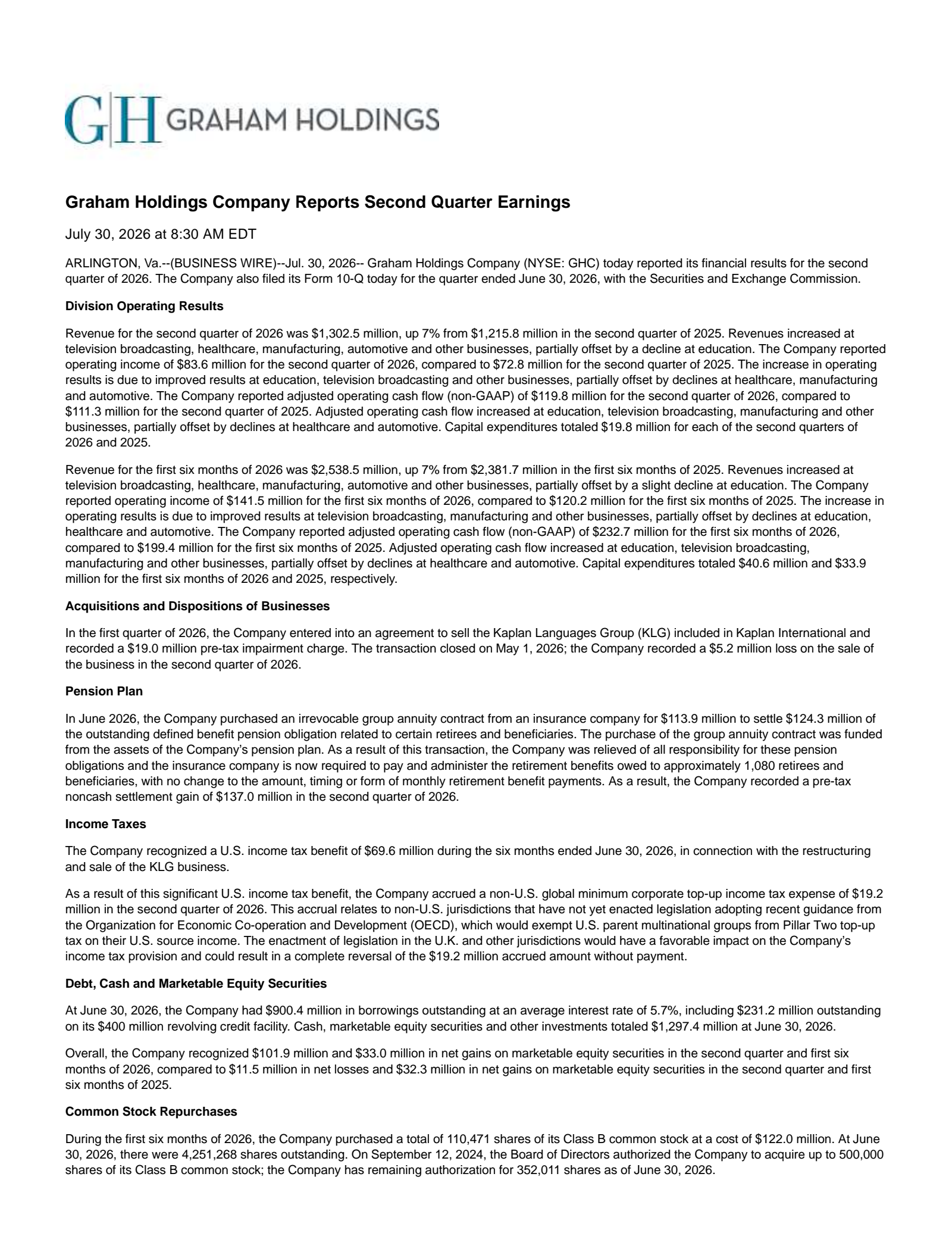Graham's Q2 2026 Press Release