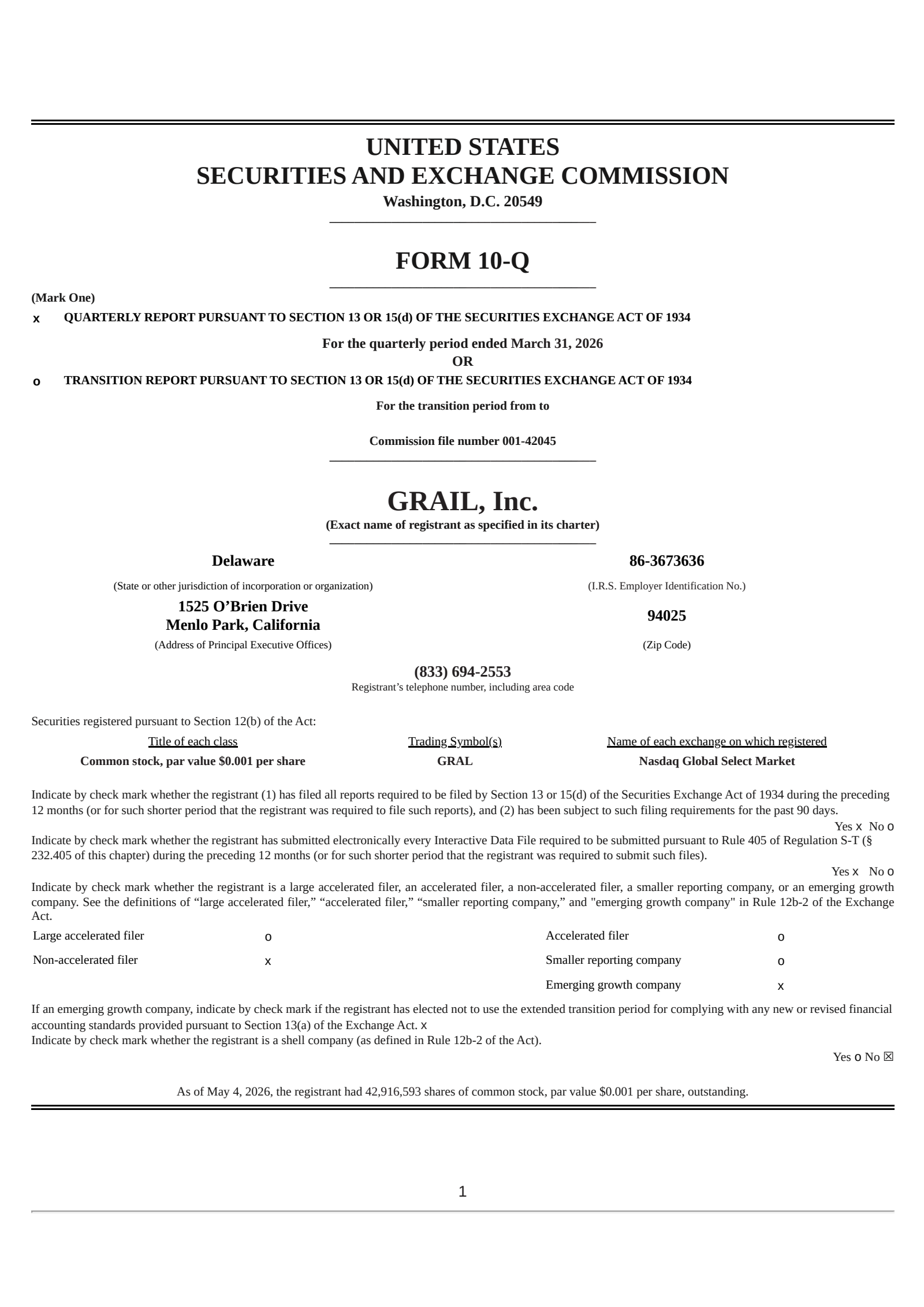 GRAIL's Q1 2026 Quarterly report