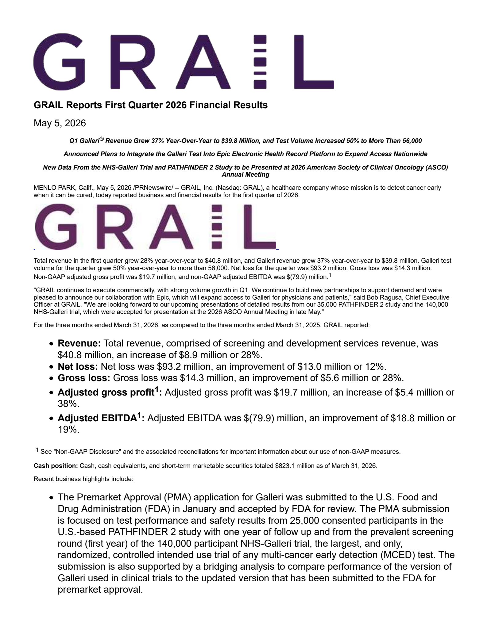 GRAIL's Q1 2026 Press Release