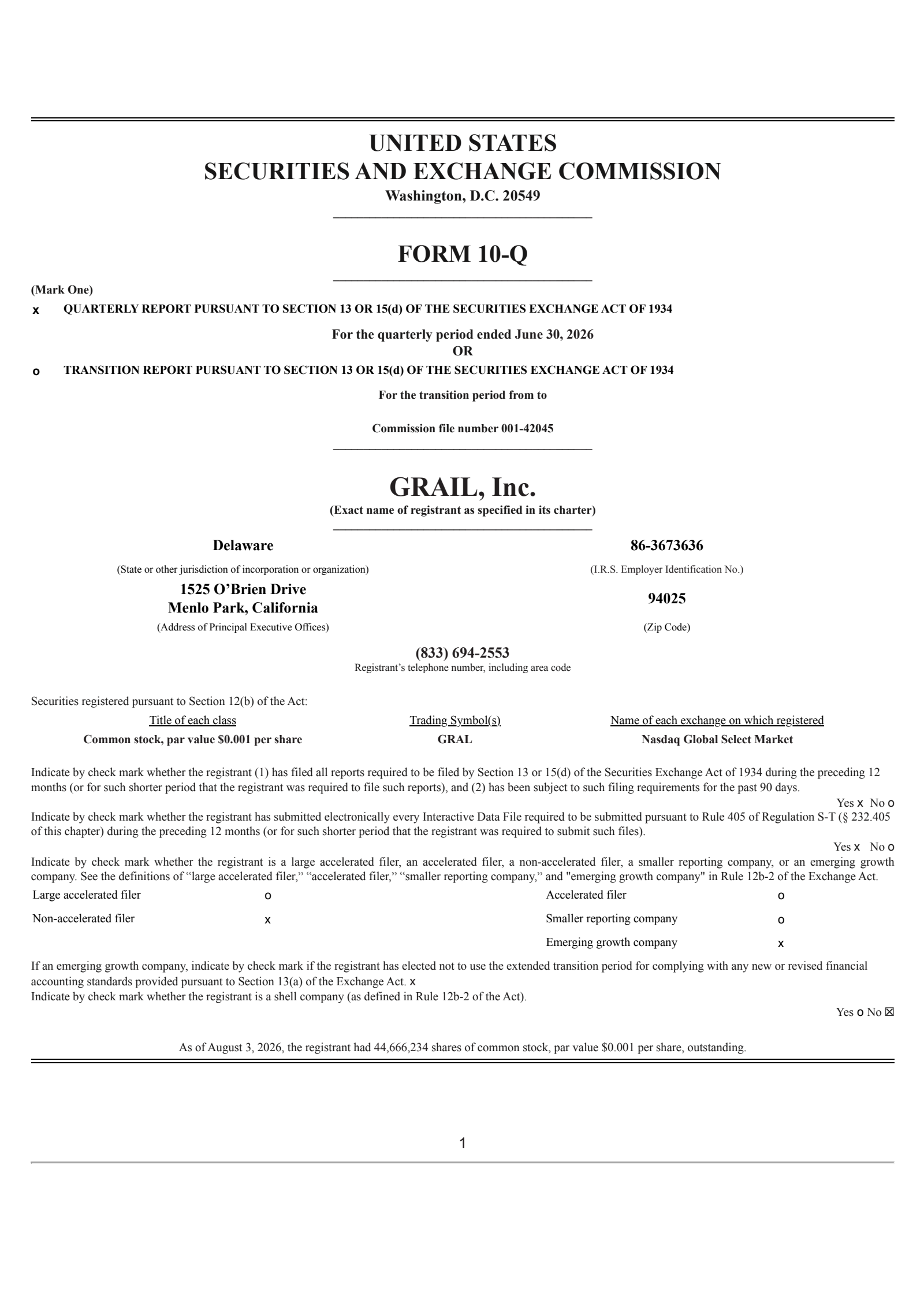 GRAIL's Q2 2026 Quarterly report