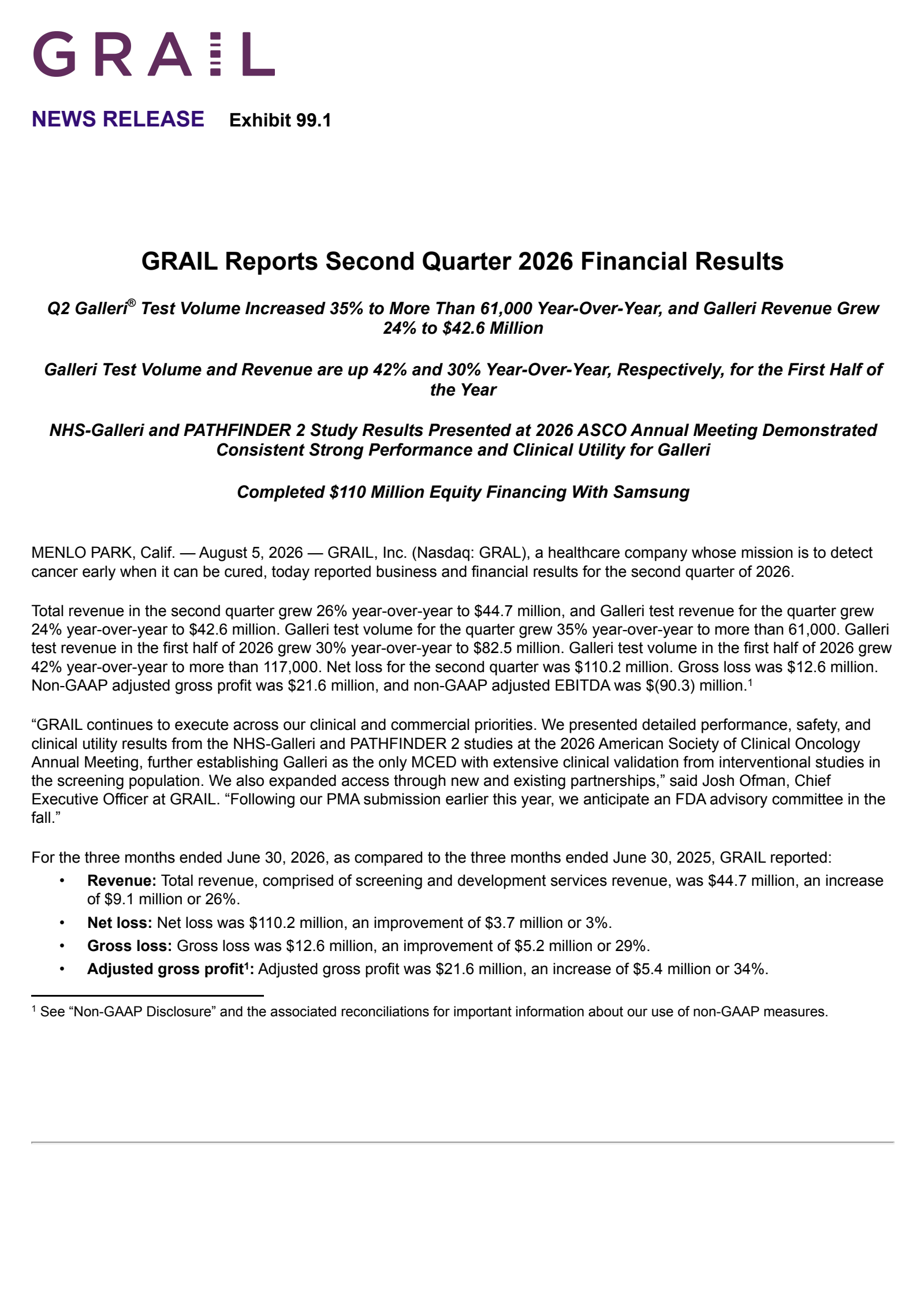 GRAIL's Q2 2026 Press Release