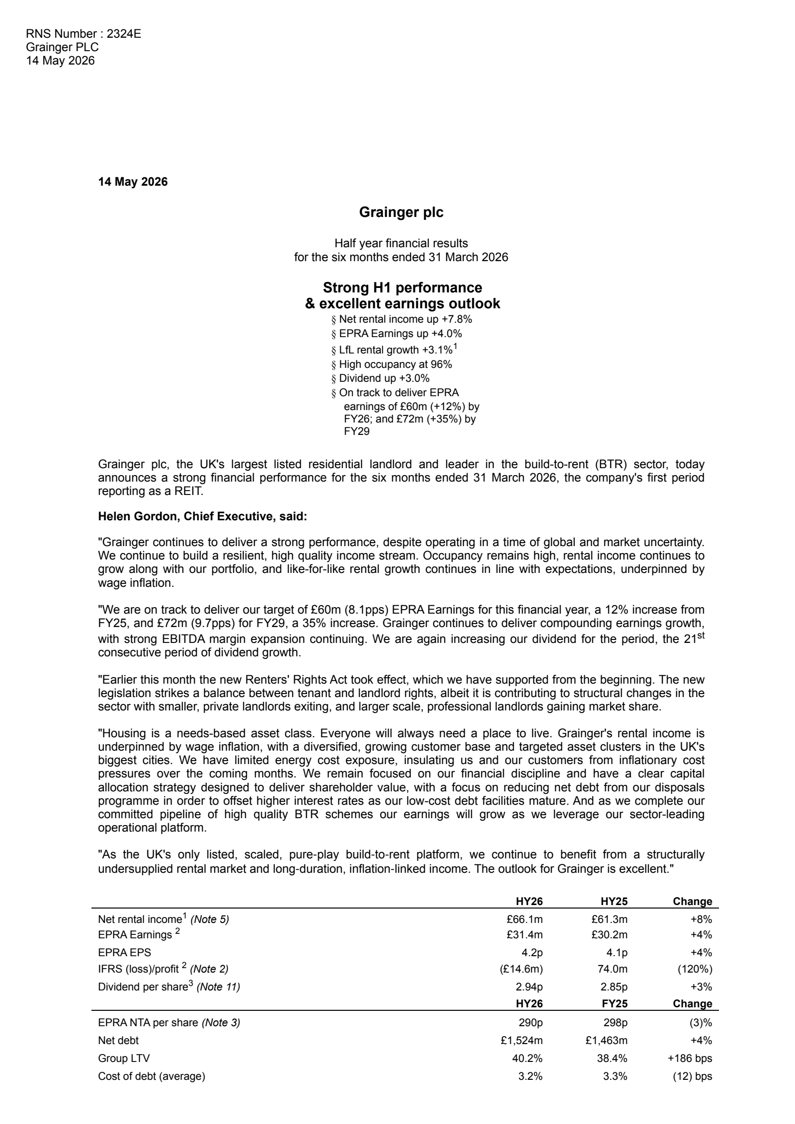 Grainger's H1 2026 Interim report