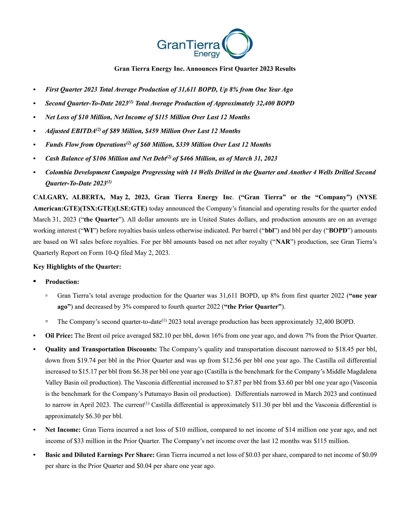Gran Tierra Energy's Q1 2023 Press Release