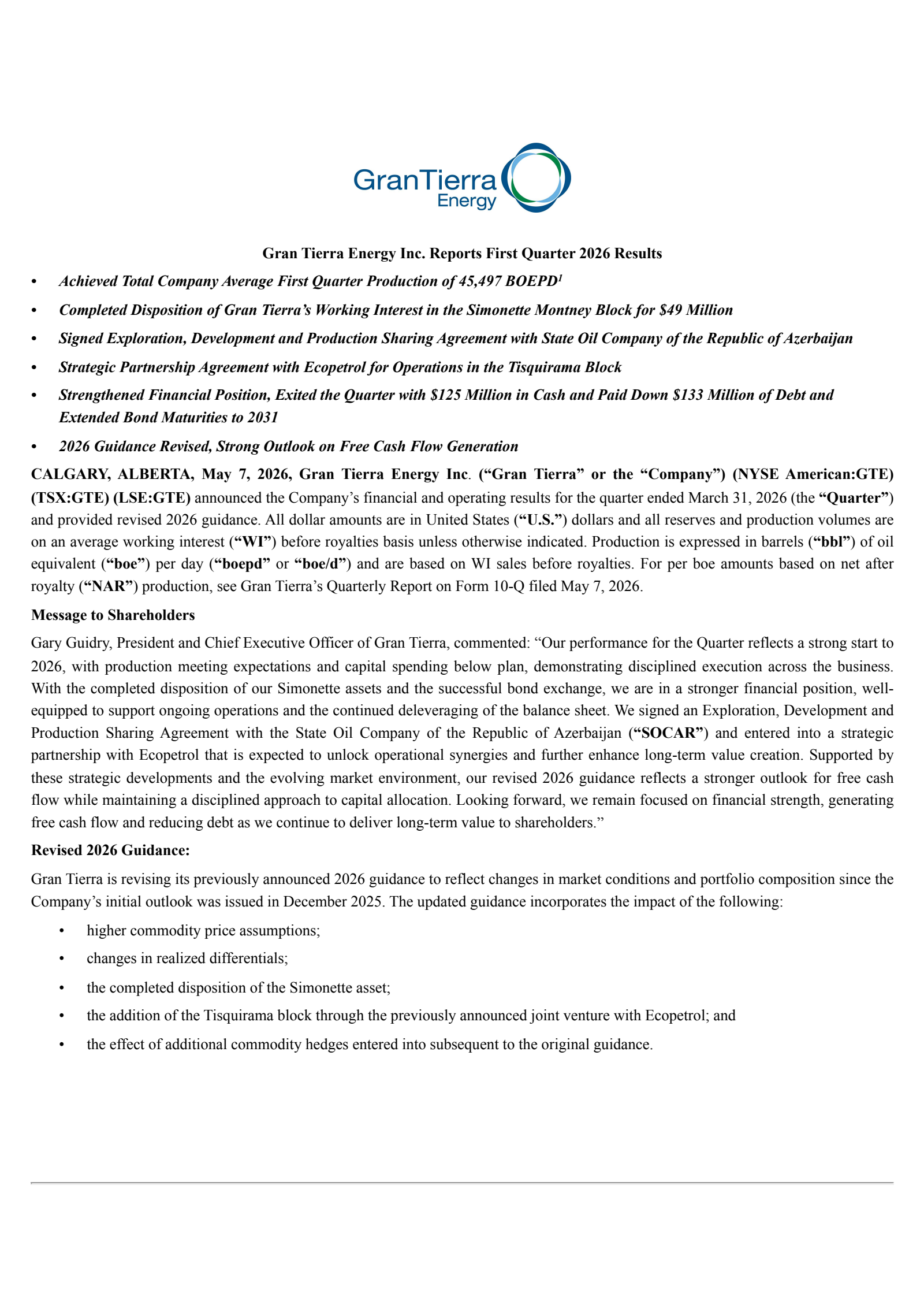 Gran Tierra Energy's Q1 2026 Press Release