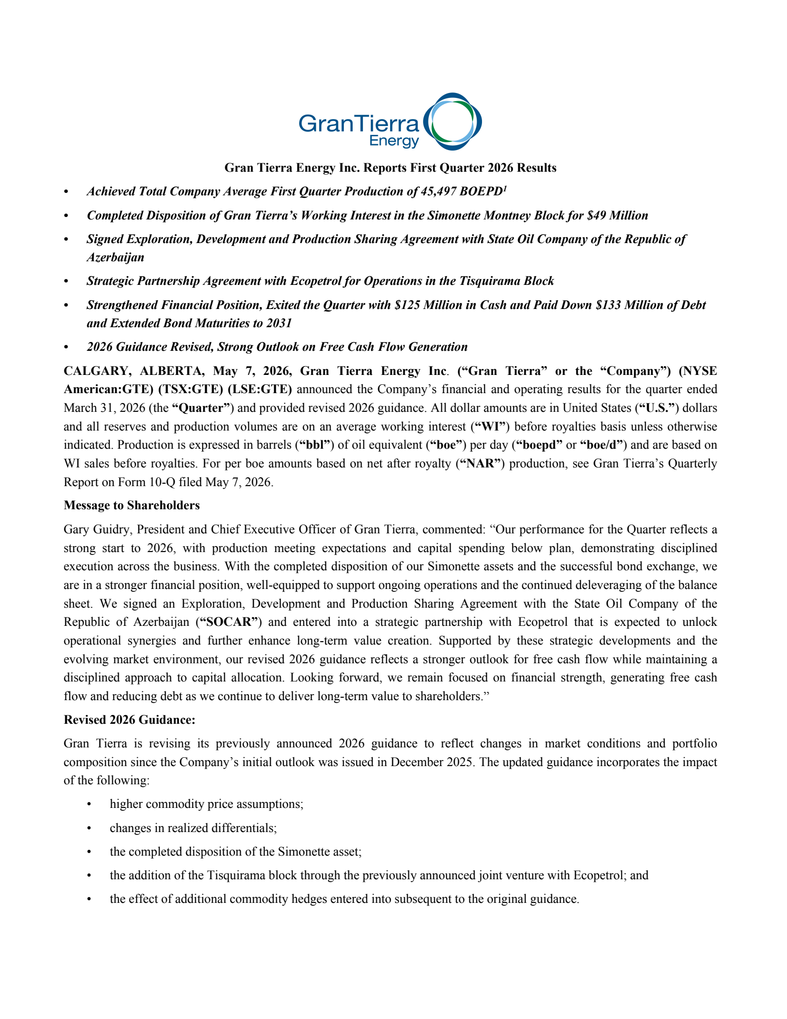 Gran Tierra Energy's Q1 2026 Press Release