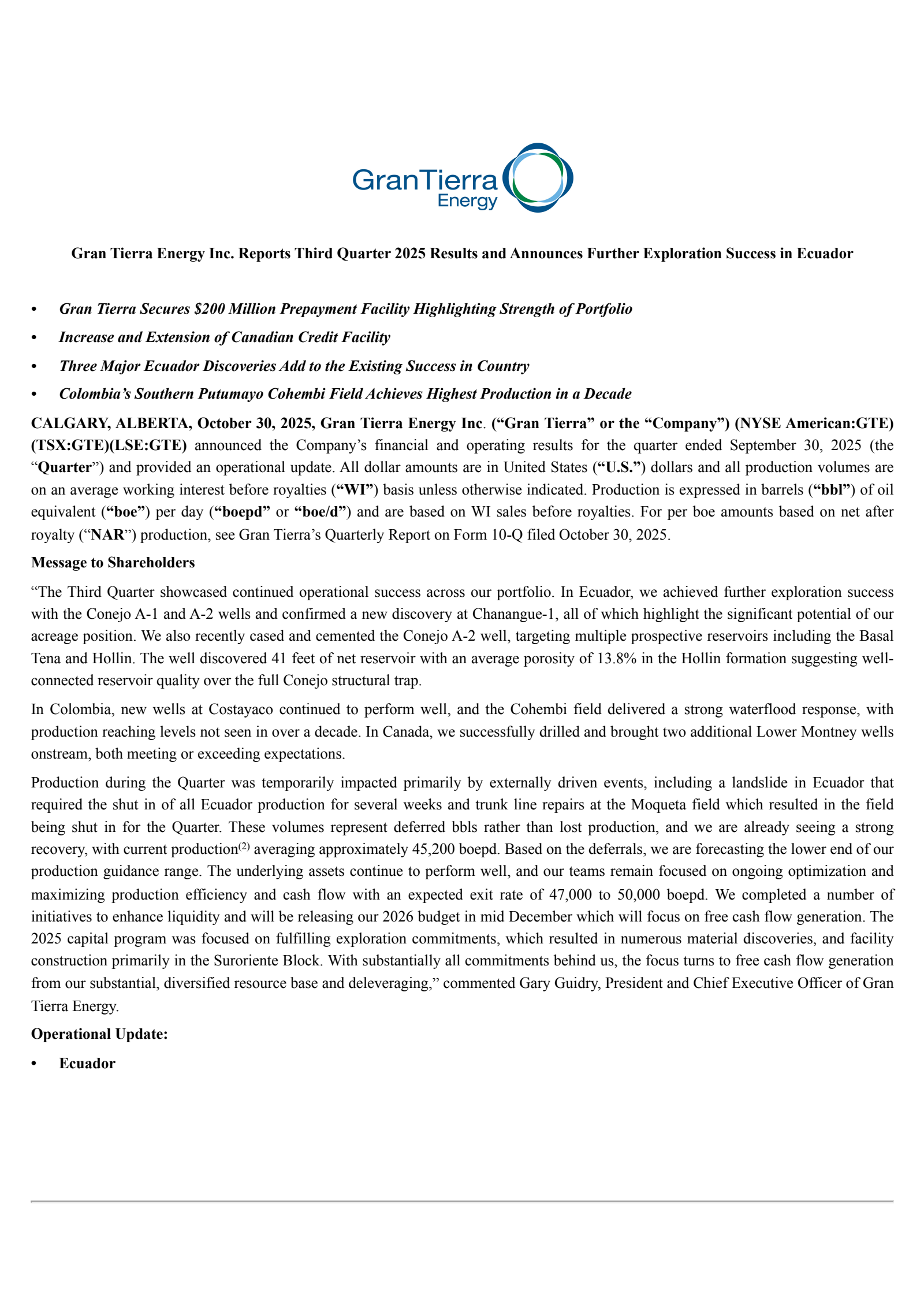 Gran Tierra Energy's Q3 2025 Earnings Release