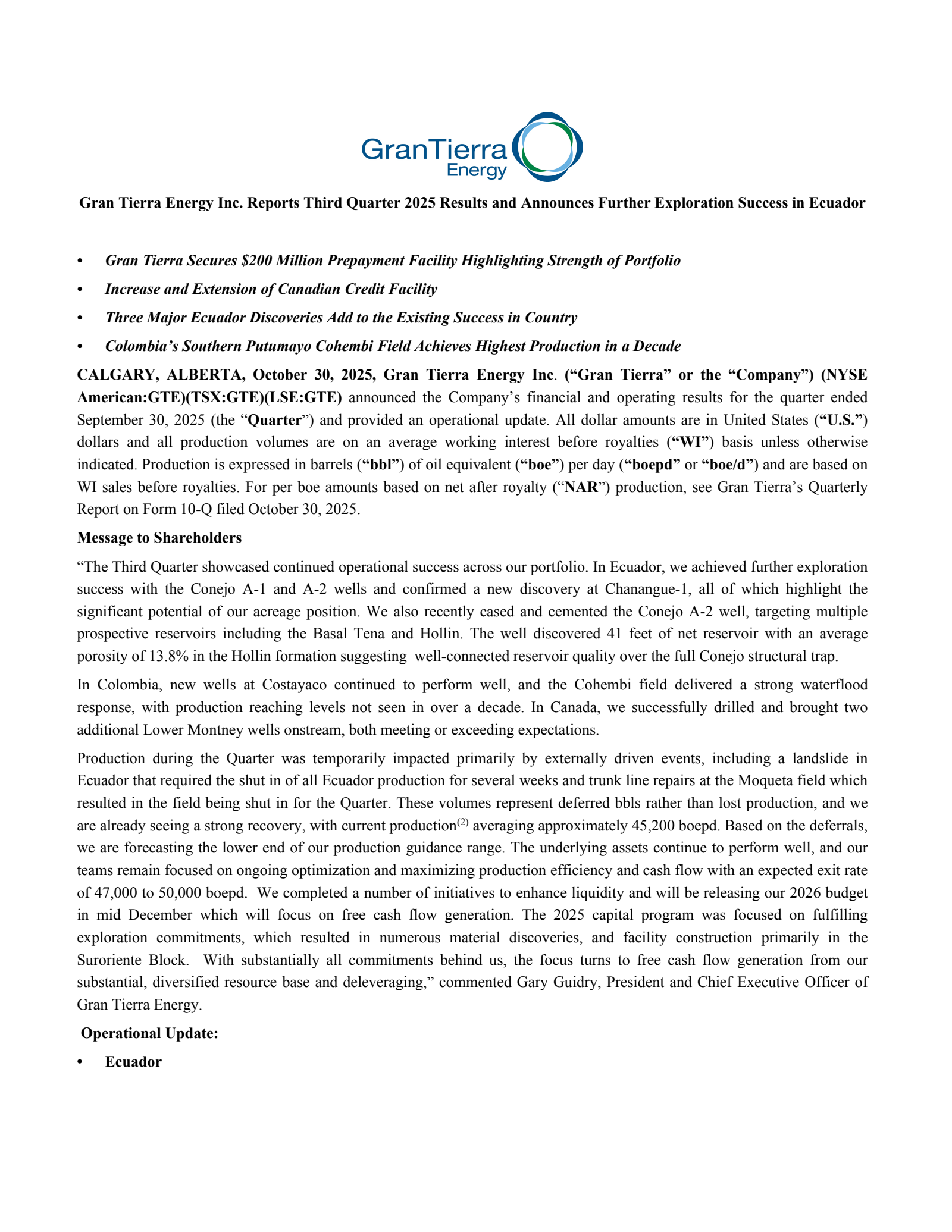 Gran Tierra Energy's Q3 2025 Earnings Release