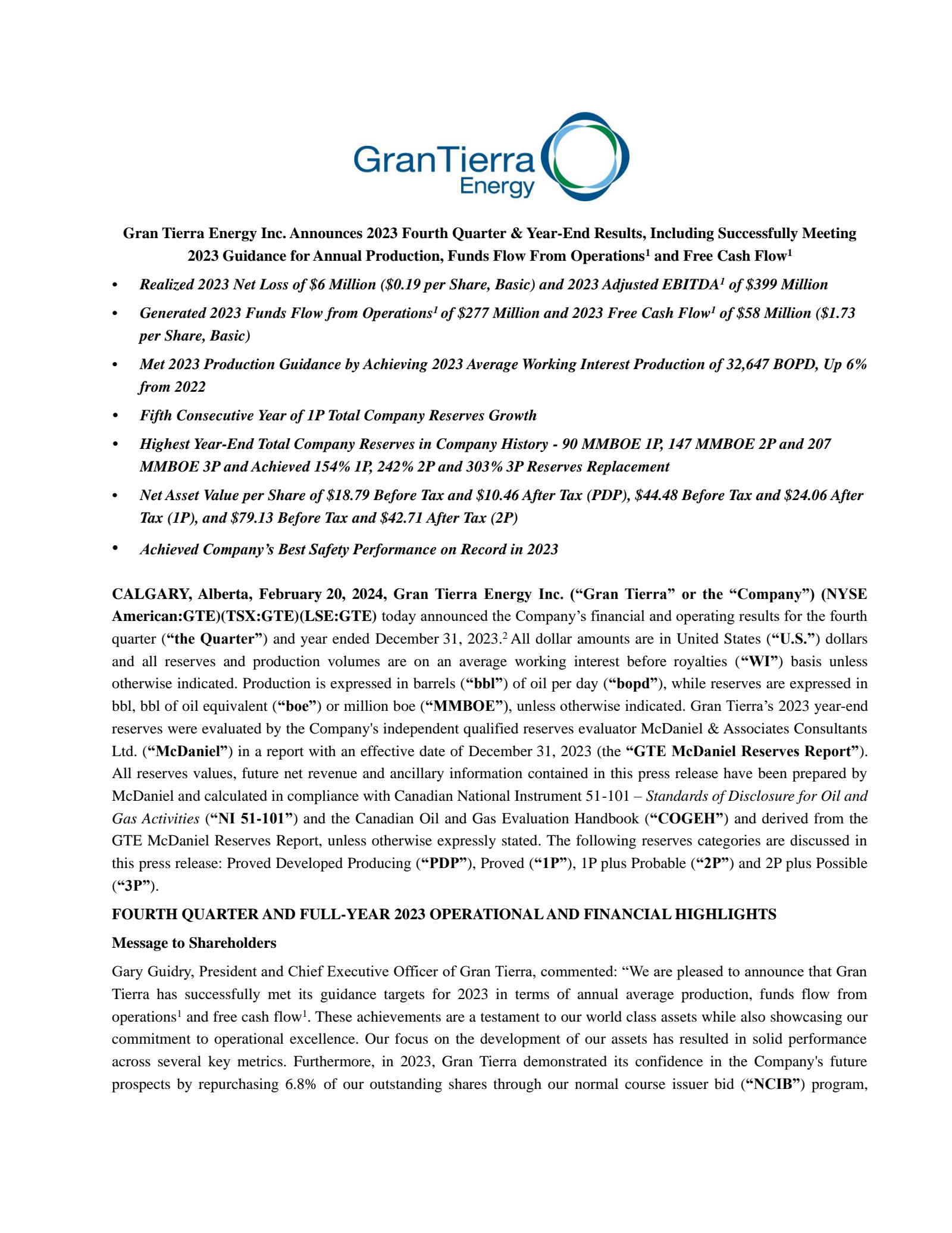 Gran Tierra Energy's Q4 2023 Annual report