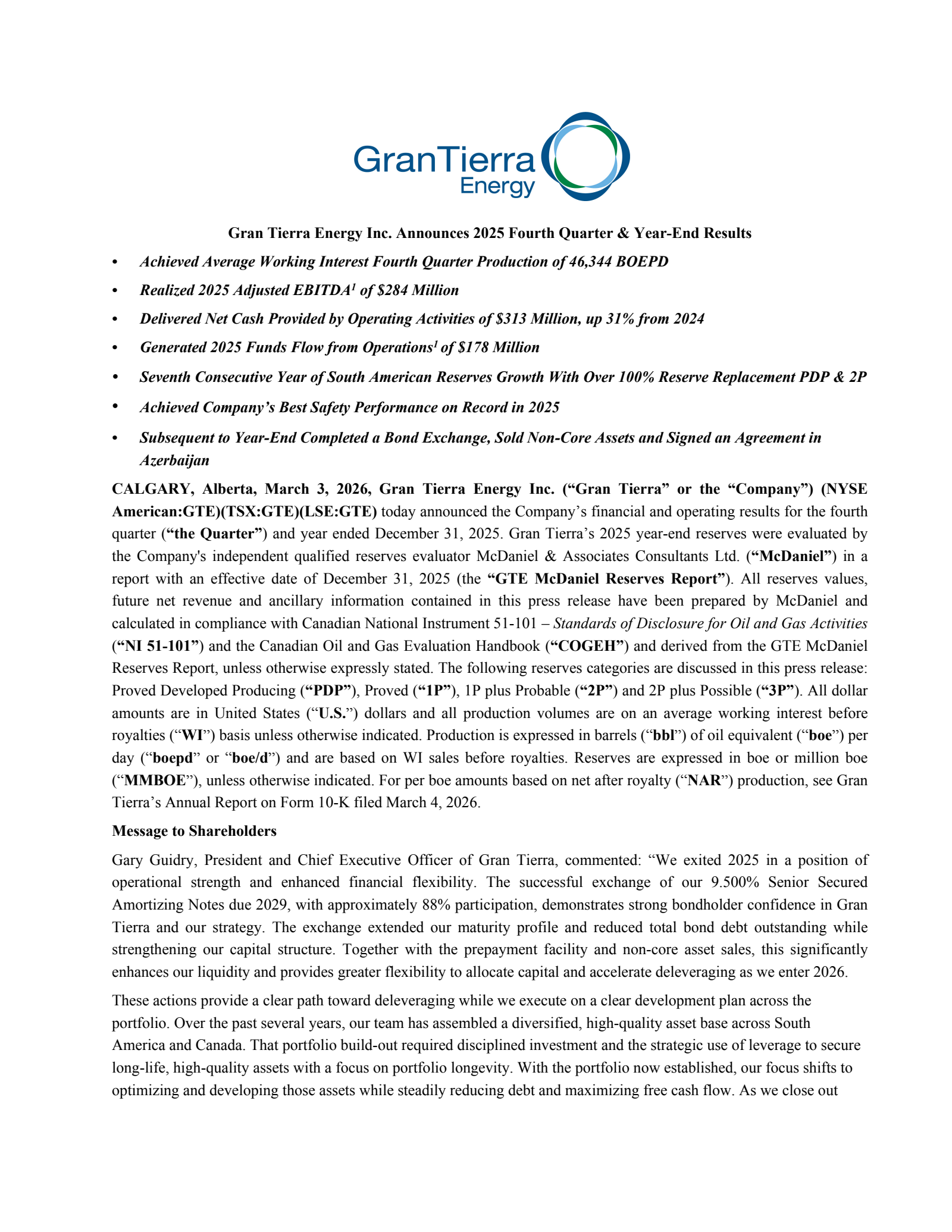Gran Tierra Energy's Q4 2025 Press Release