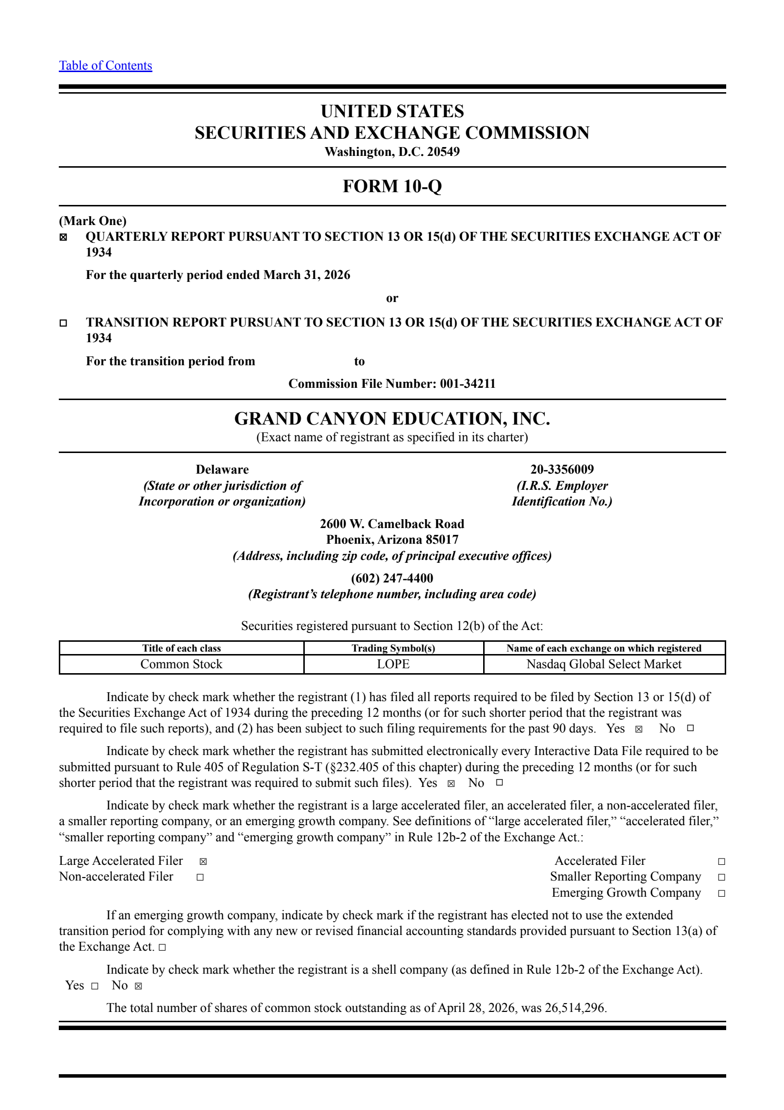 Grand Canyon Education's Q1 2026 Quarterly report