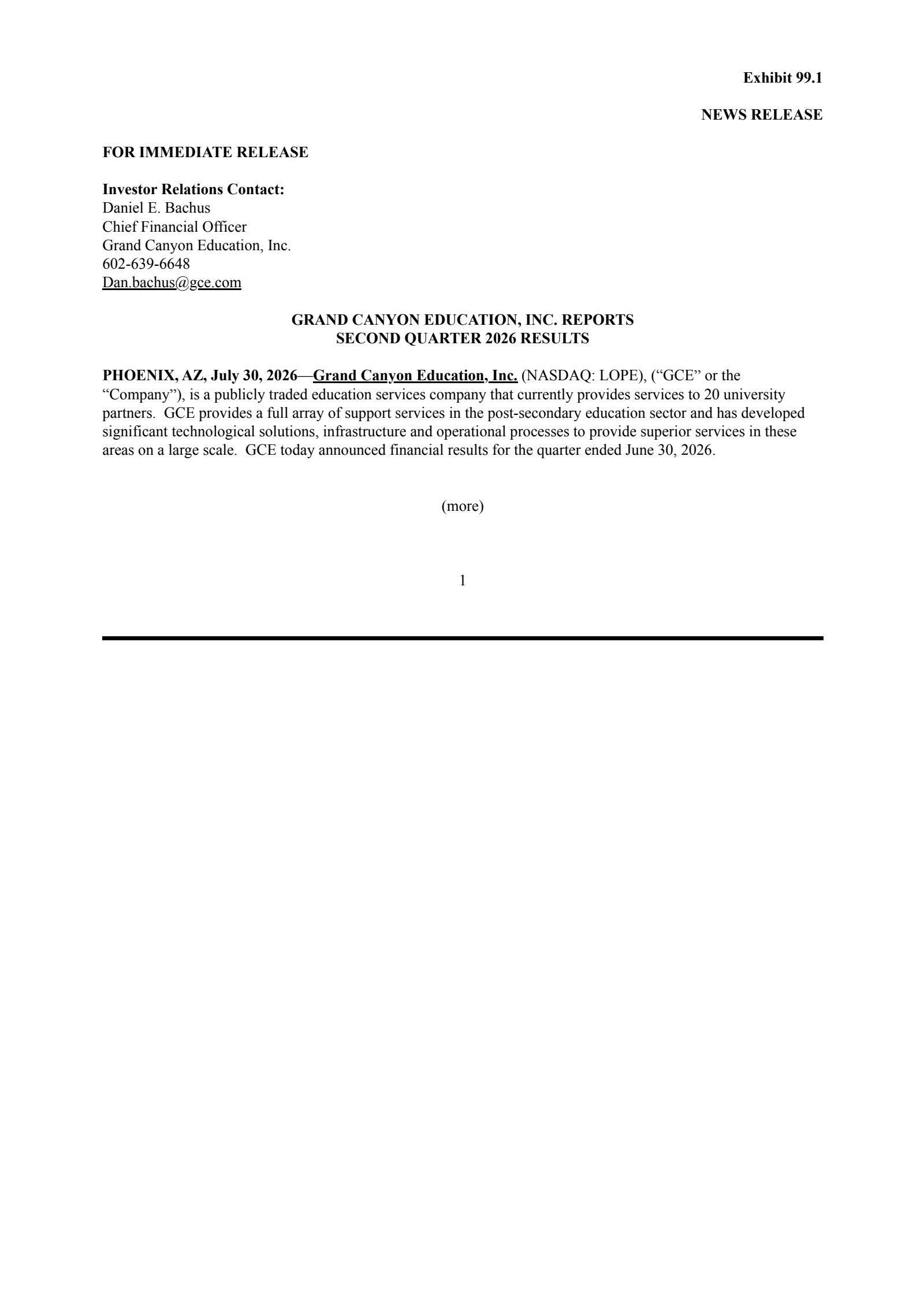 Grand Canyon Education's Q2 2026 Press Release
