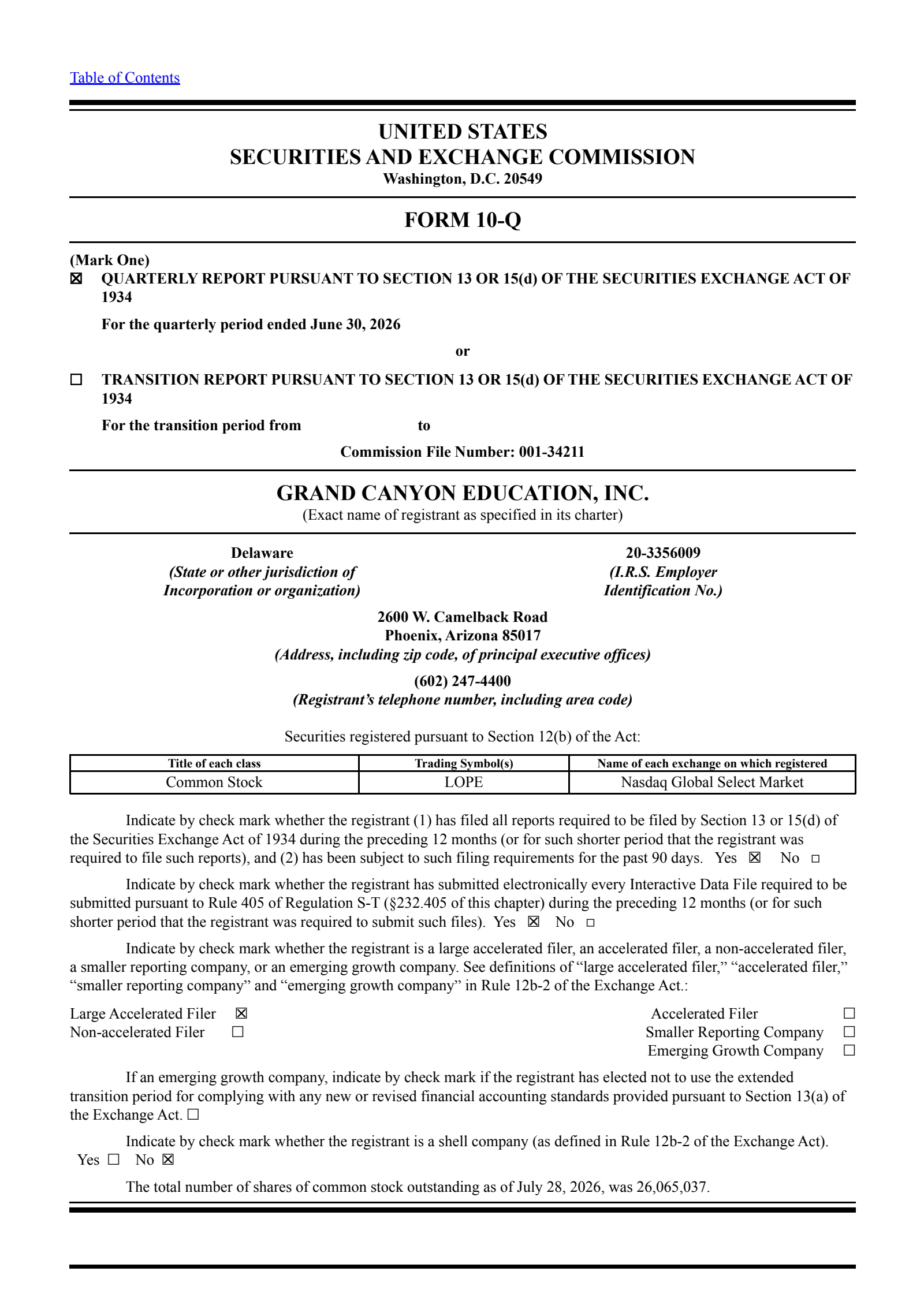 Grand Canyon Education's Q2 2026 Quarterly report