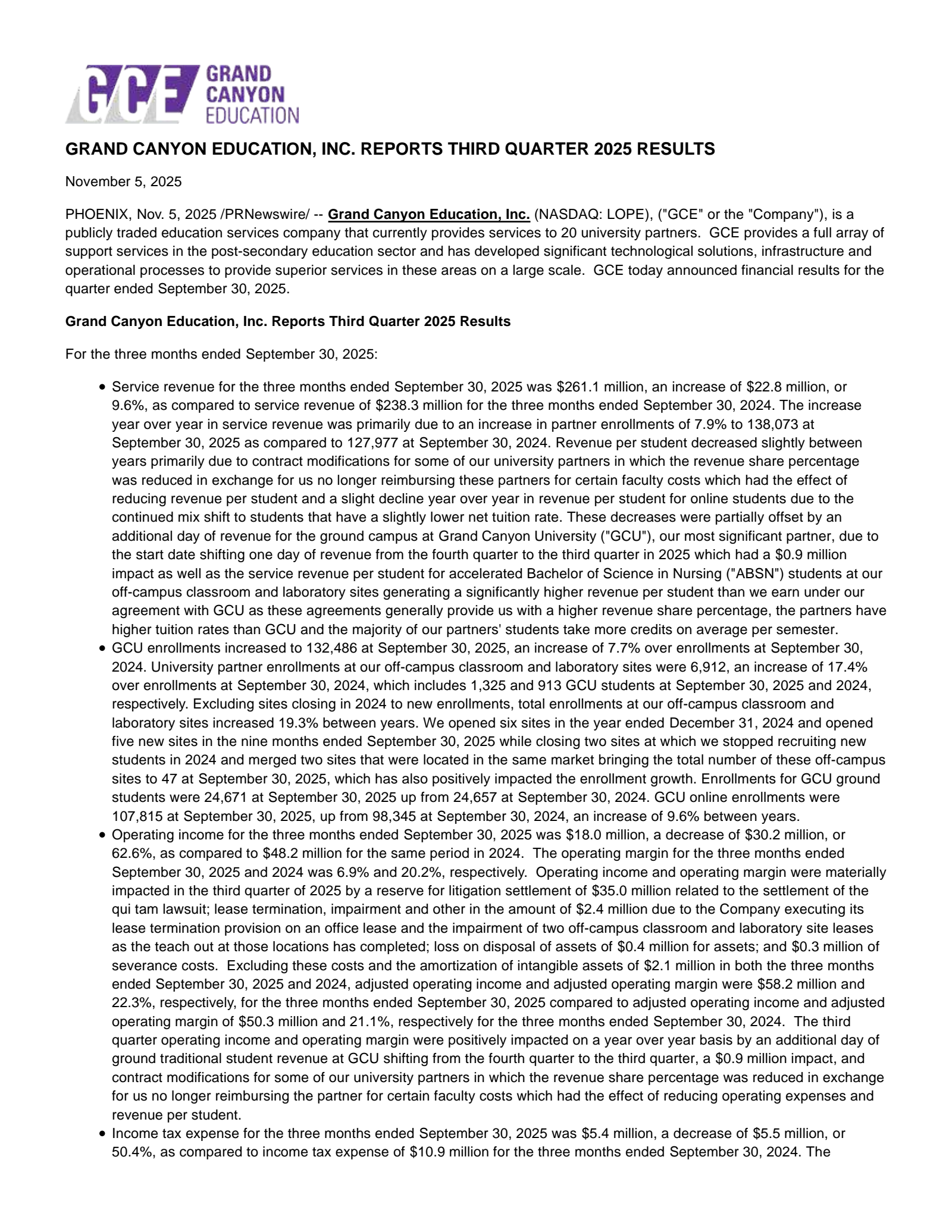 Grand Canyon Education's Q3 2025 Earnings Release