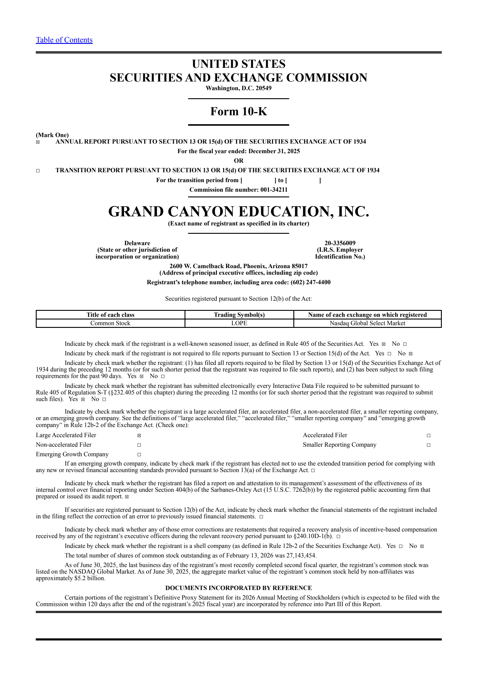 Grand Canyon Education's Q4 2025 Annual report