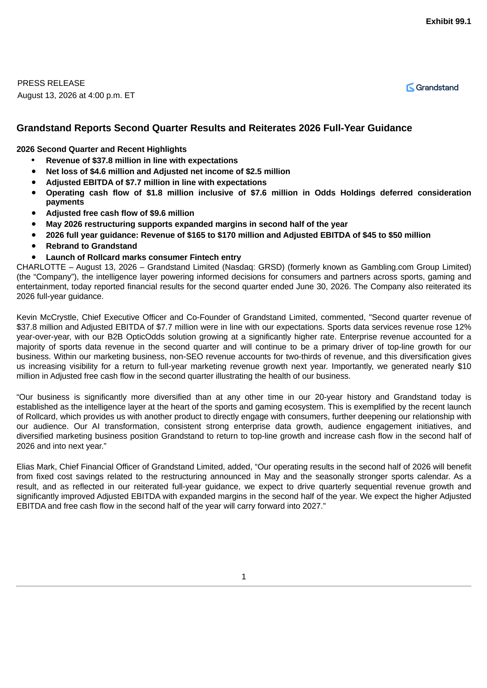 Gambling.com Group's Q2 2026 Press Release