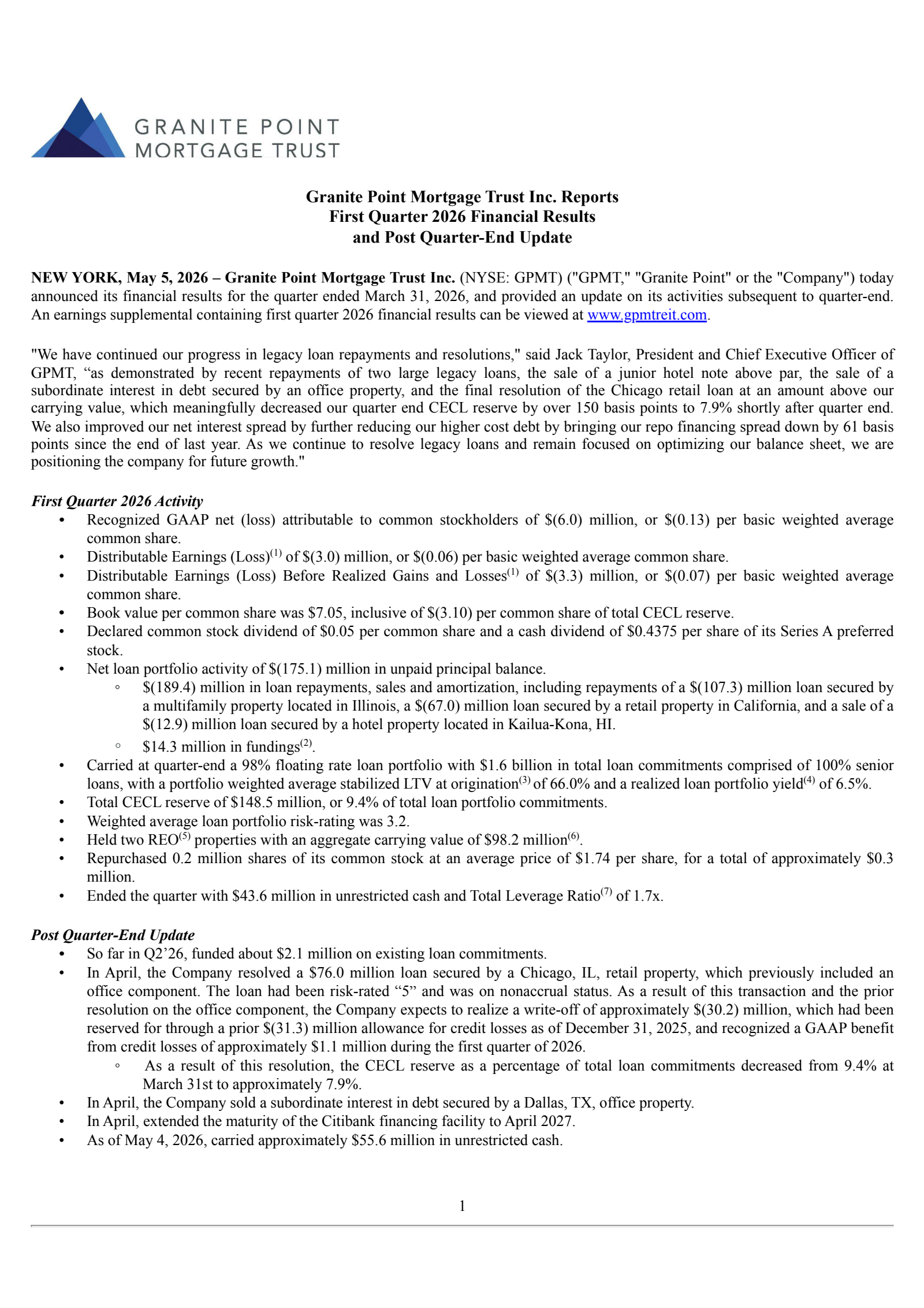 Granite Point Mortgage Trust's Q1 2026 Press Release