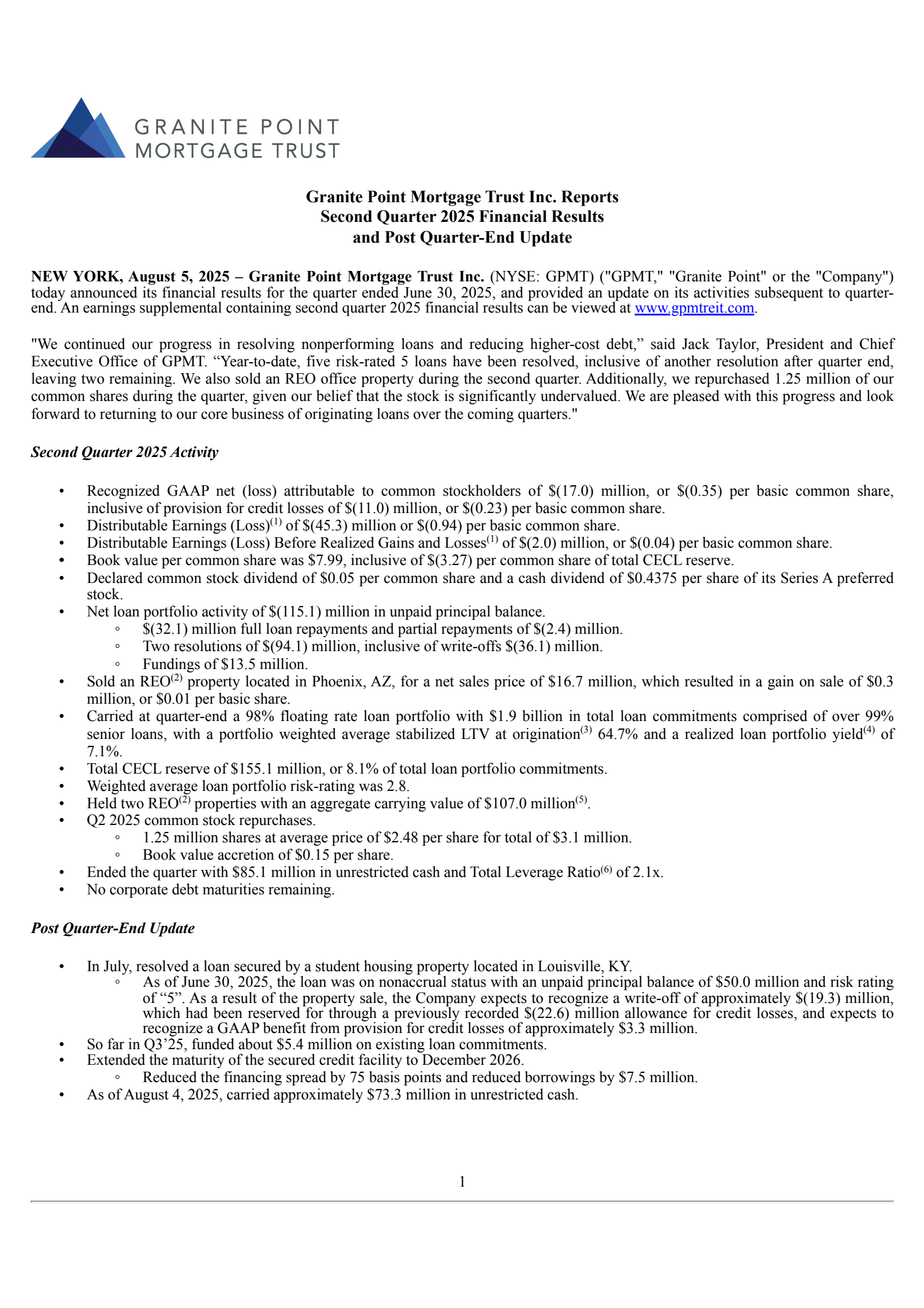 Granite Point Mortgage Trust's Q2 2025 Press Release