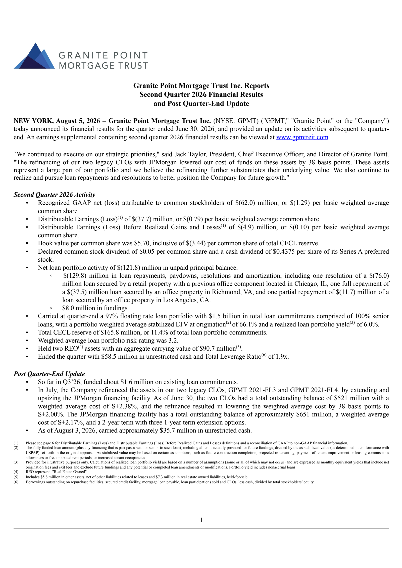 Granite Point Mortgage Trust's Q2 2026 Press Release