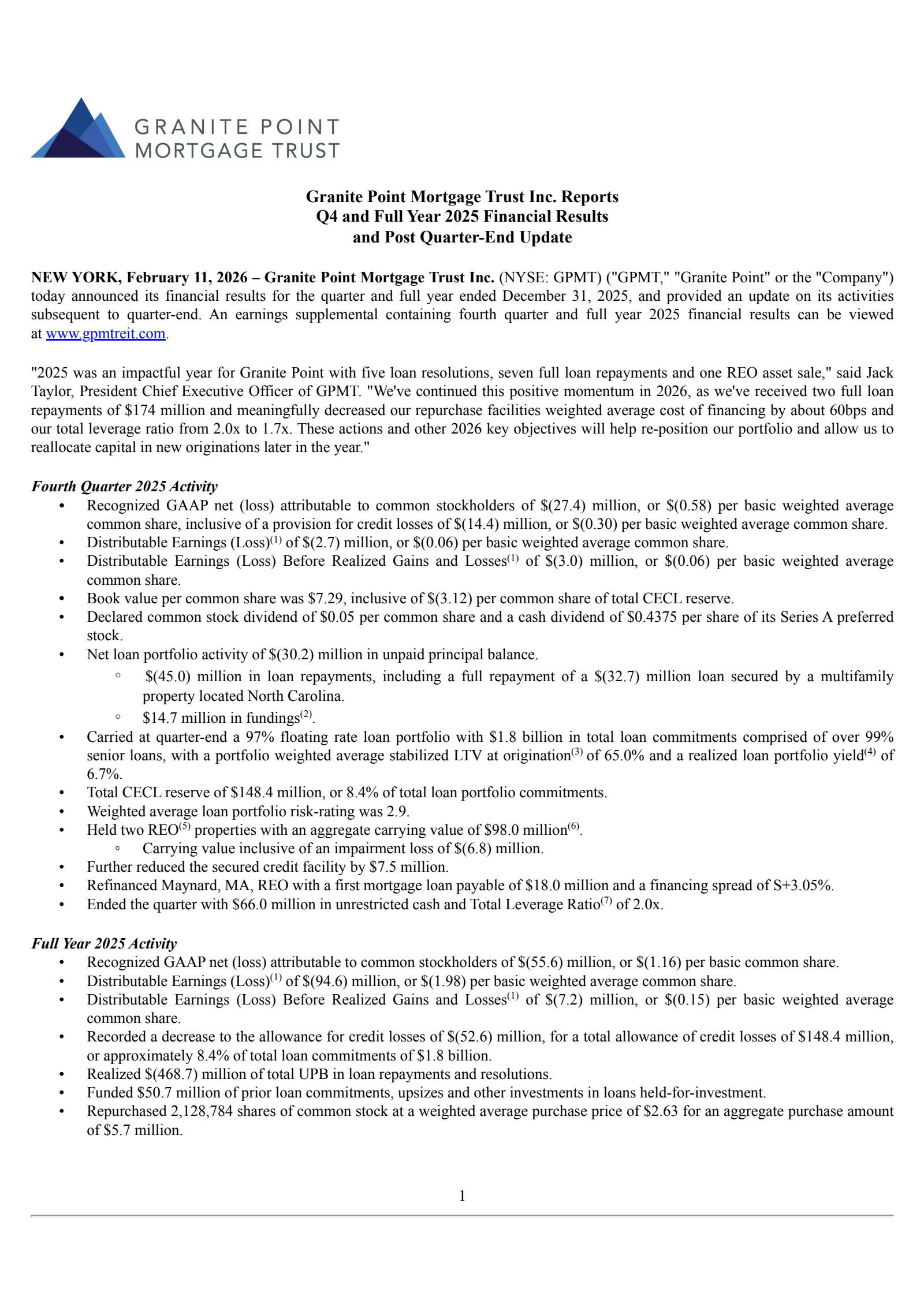 Granite Point Mortgage Trust's Q4 2025 Press Release