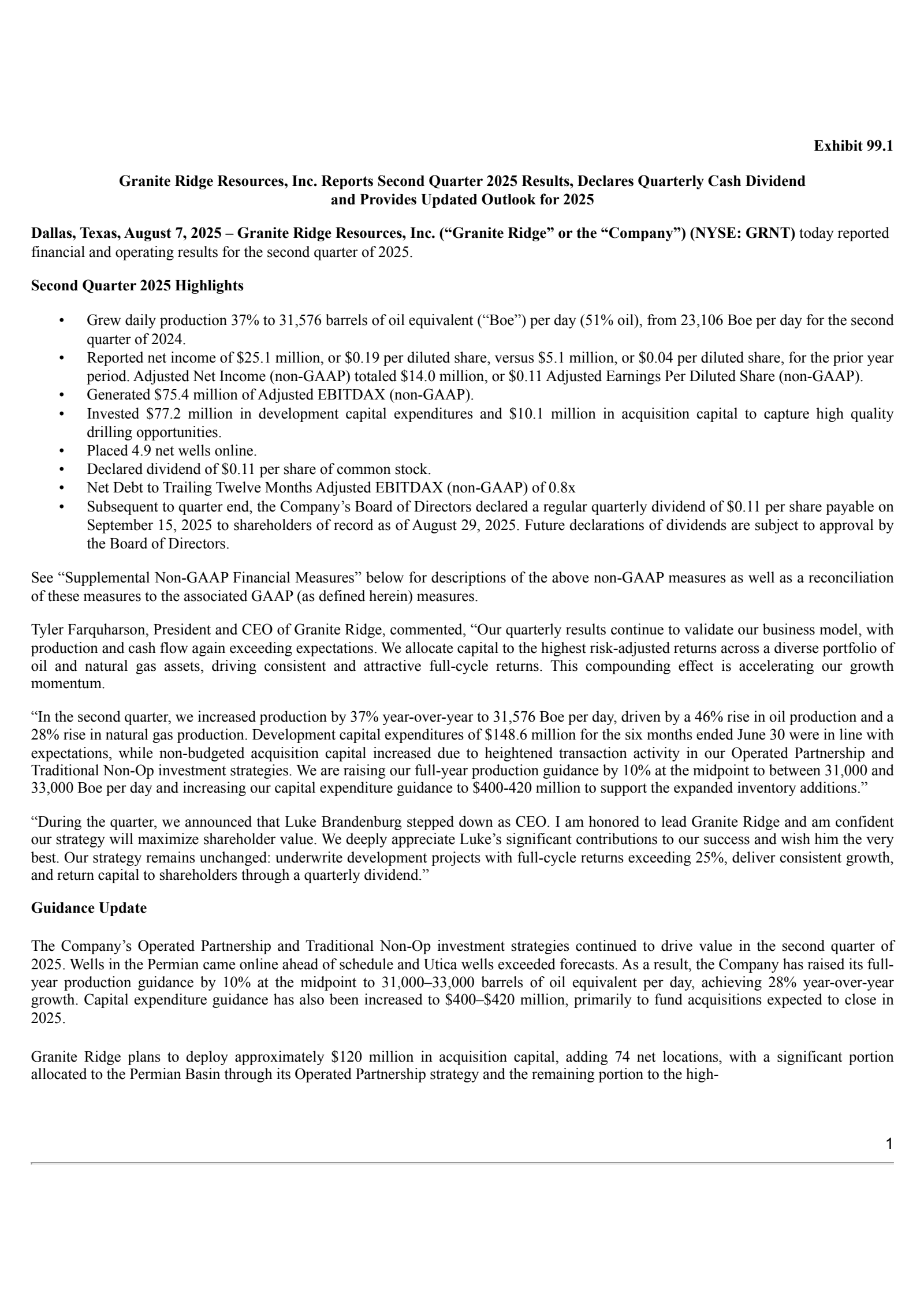 Granite Ridge Resources' Q2 2025 Press Release