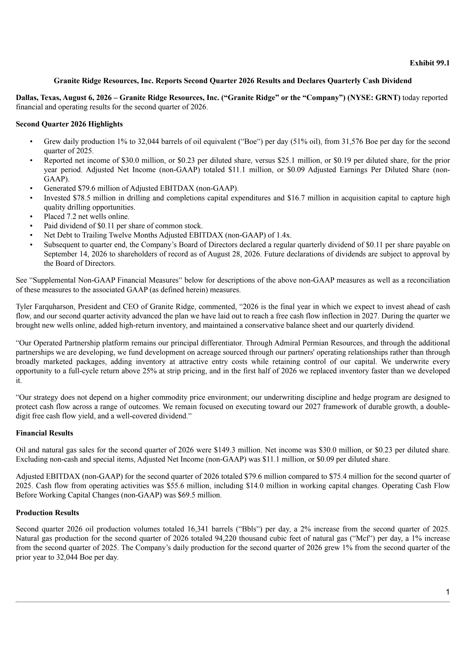 Granite Ridge Resources' Q2 2026 Press Release