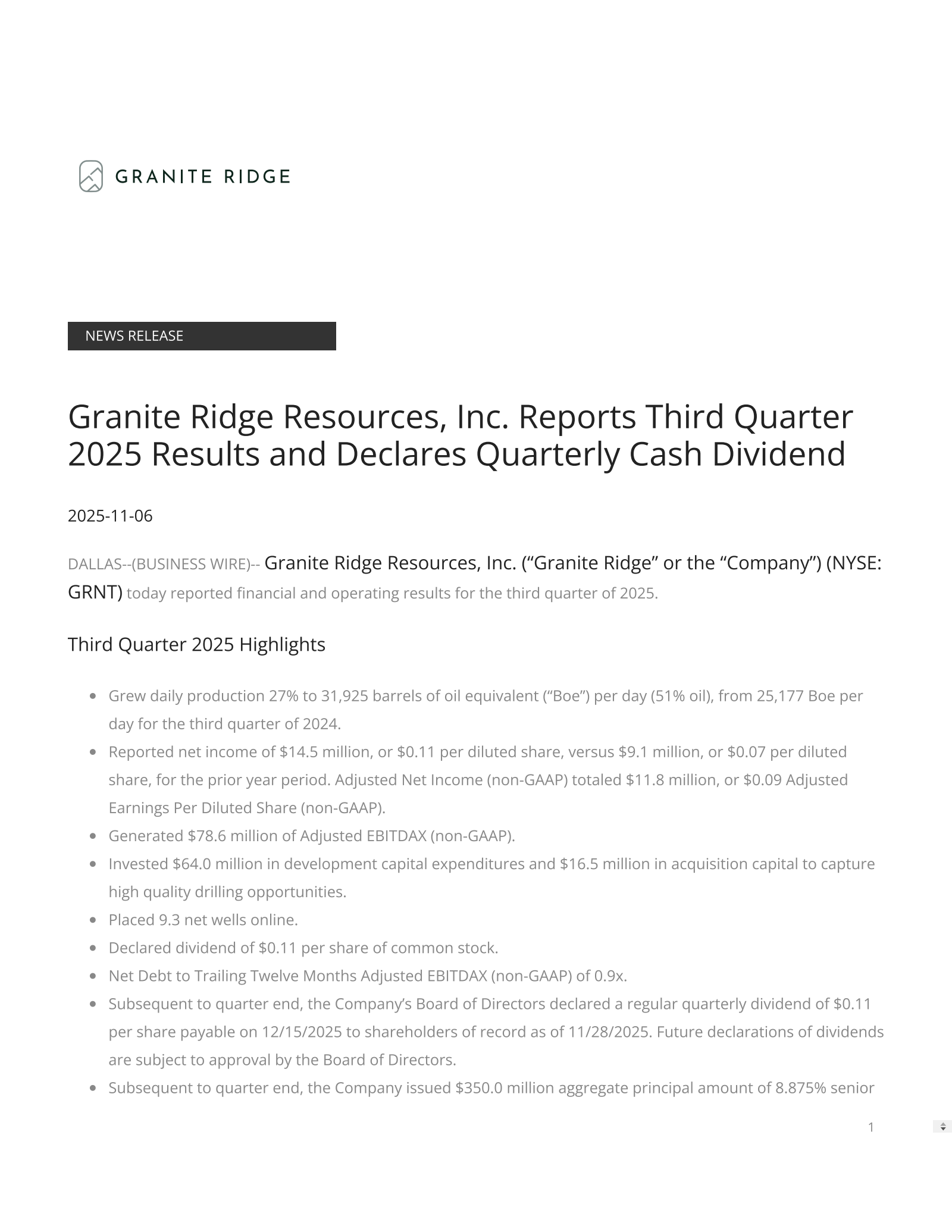 Granite Ridge Resources' Q3 2025 Earnings Release