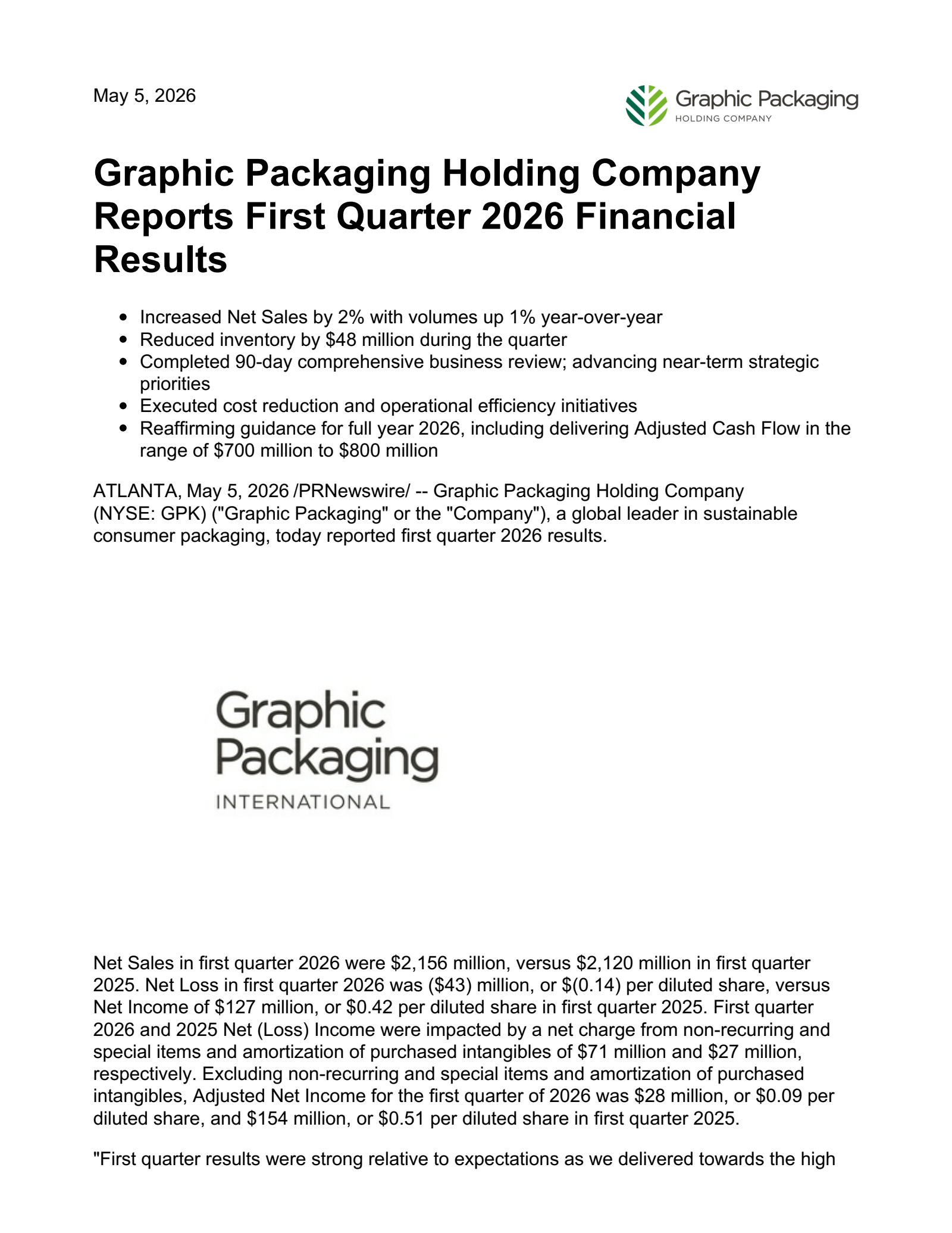 Graphic Packaging's Q1 2026 Press Release