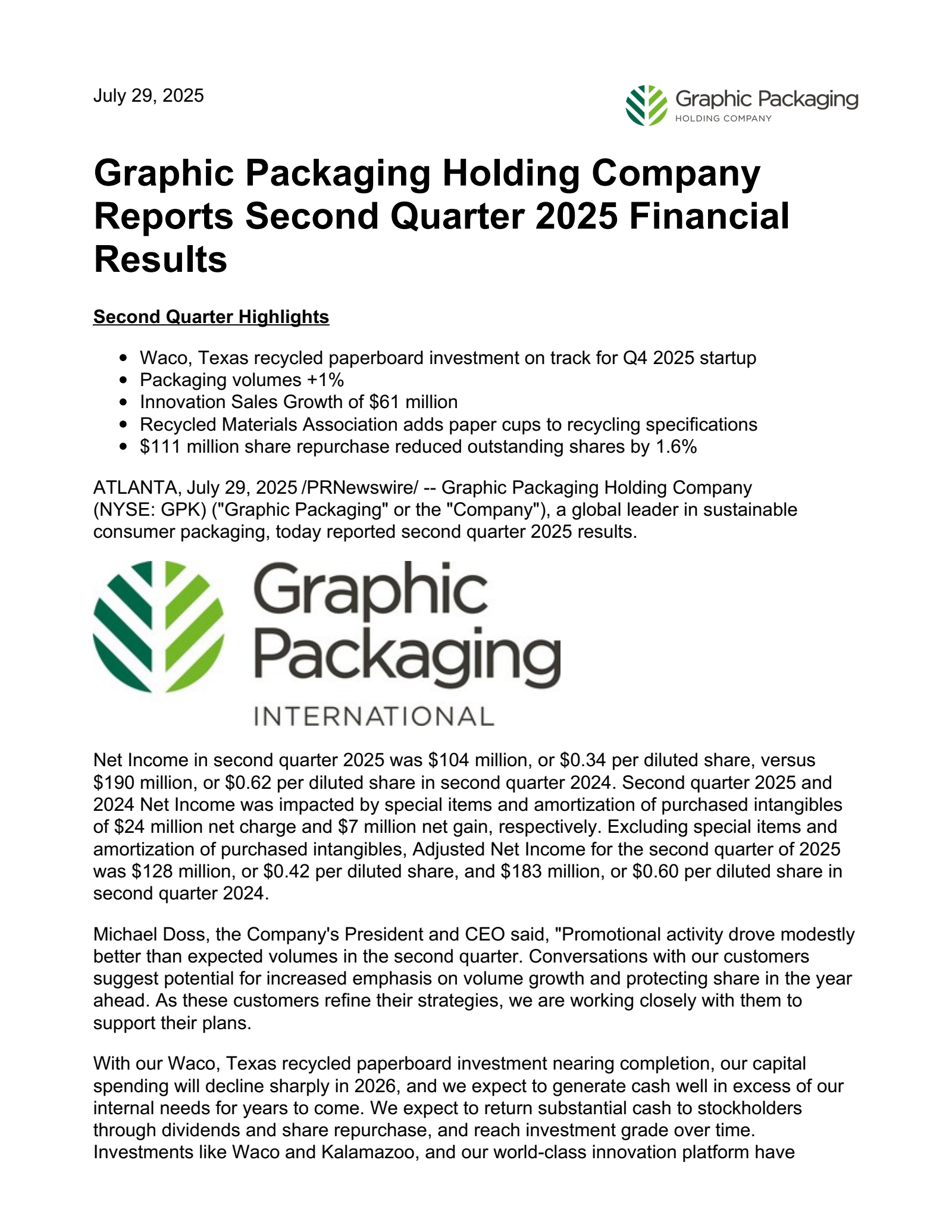 Graphic Packaging's Q2 2025 Press Release