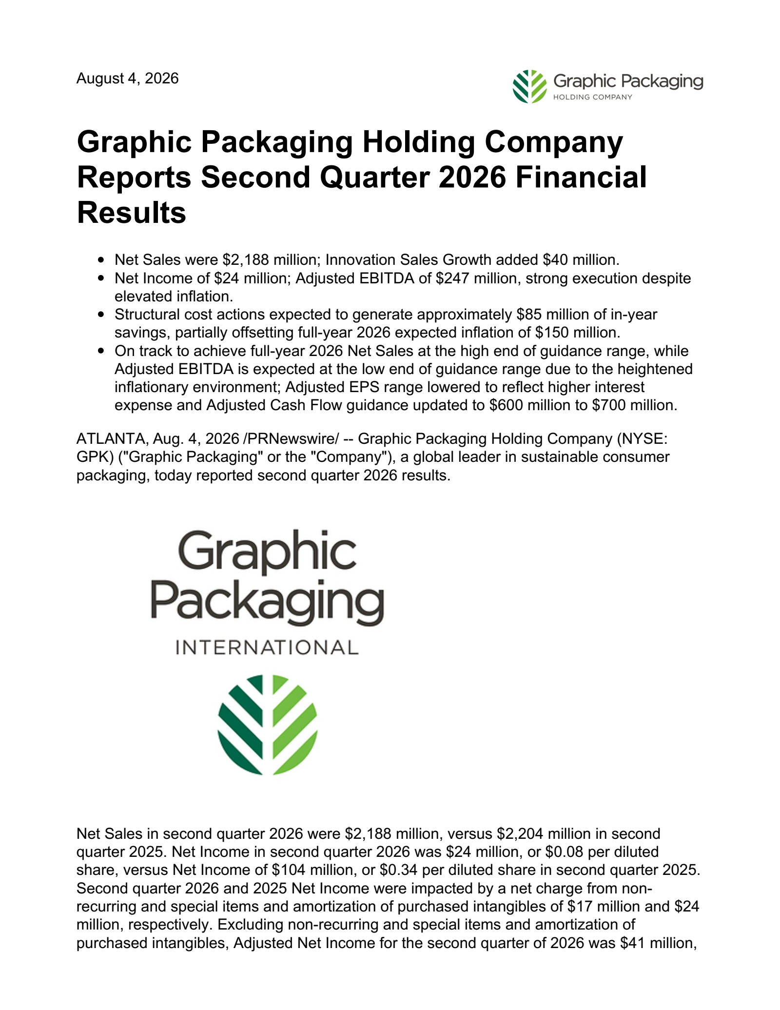Graphic Packaging's Q2 2026 Press Release