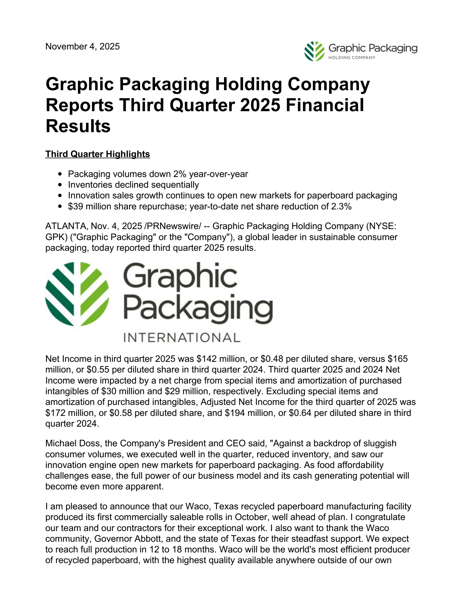 Graphic Packaging's Q3 2025 Earnings Release