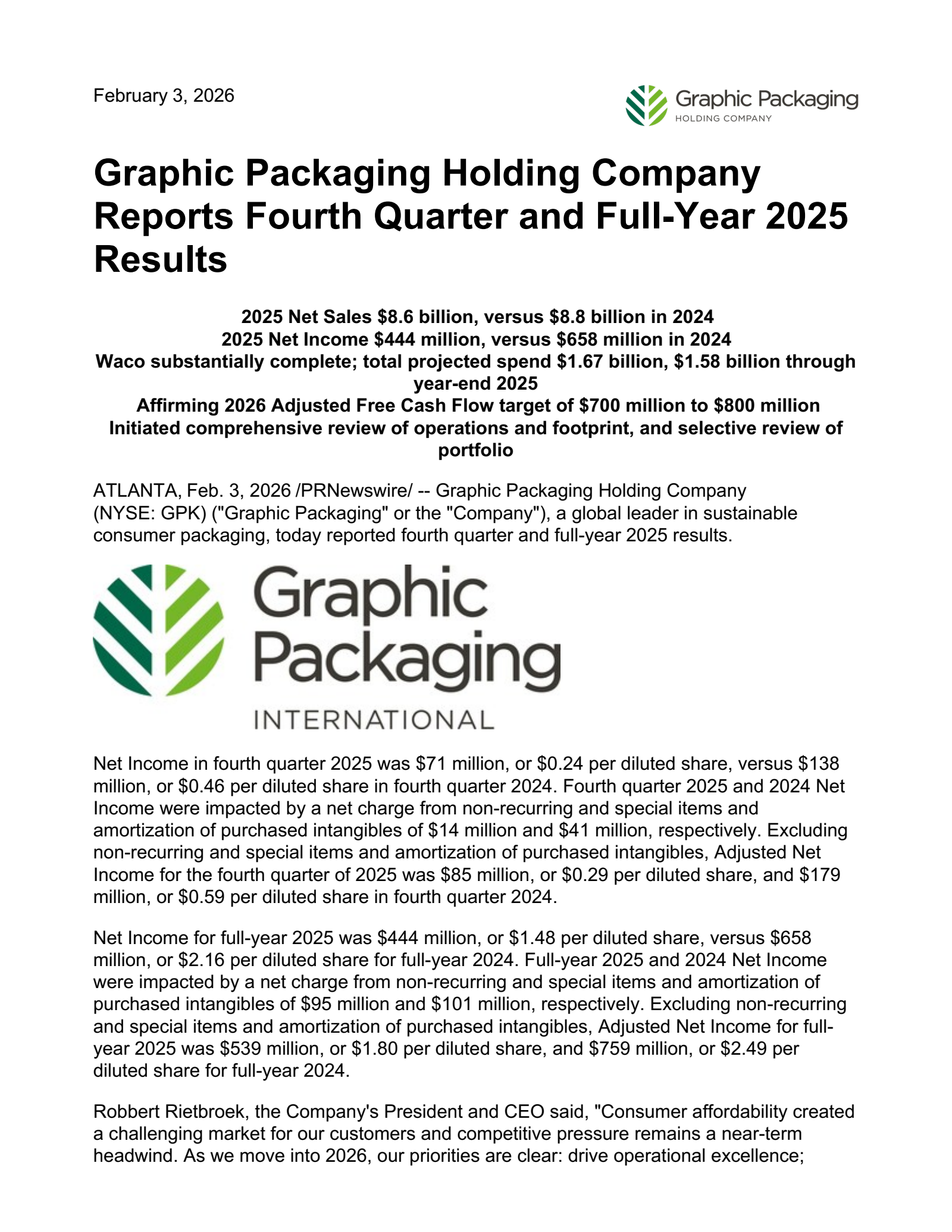 Graphic Packaging's Q4 2025 Press Release