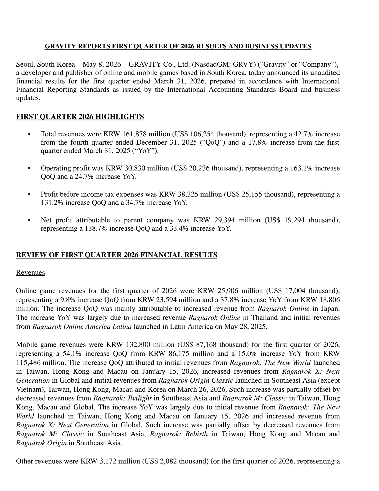 GRAVITY's Q1 2026 Press Release
