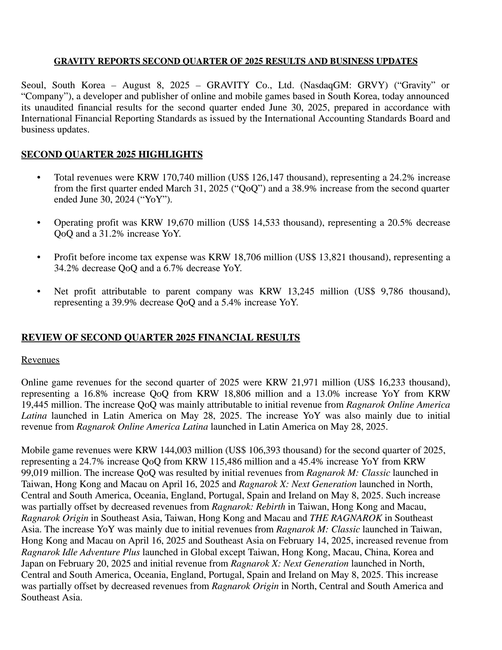 GRAVITY's Q2 2025 Press Release