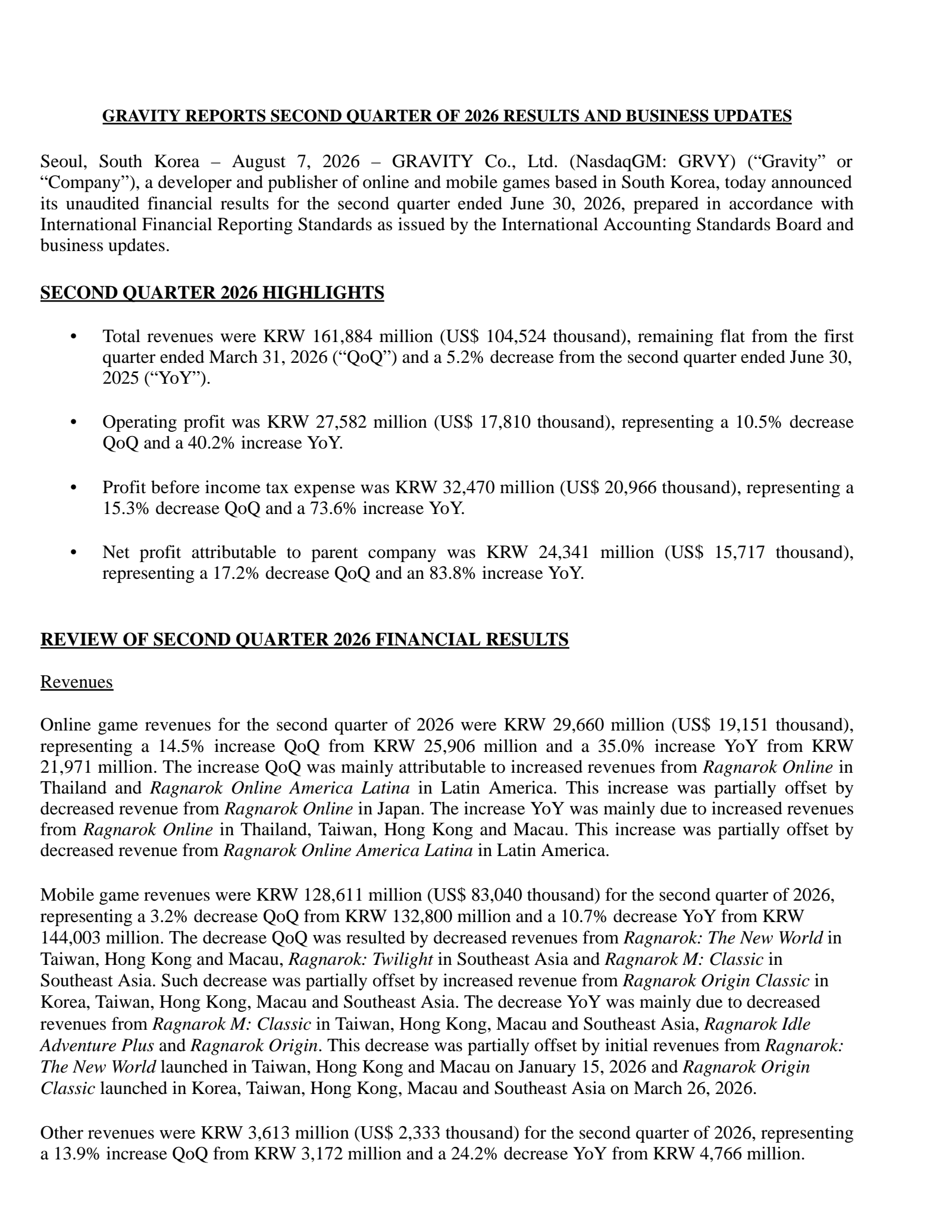 GRAVITY's Q2 2026 Press Release